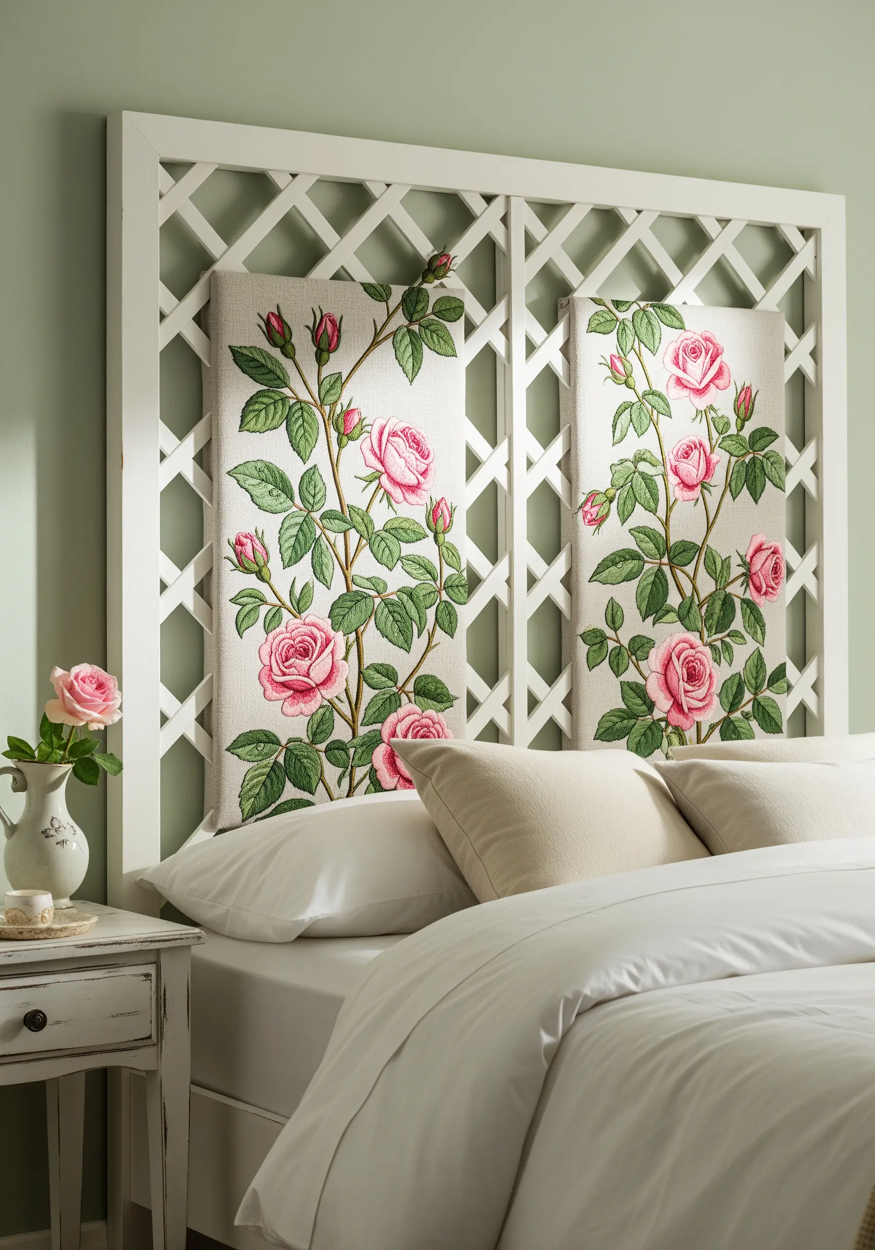 Embroidered pink rose panels set within a white wooden garden trellis headboard.