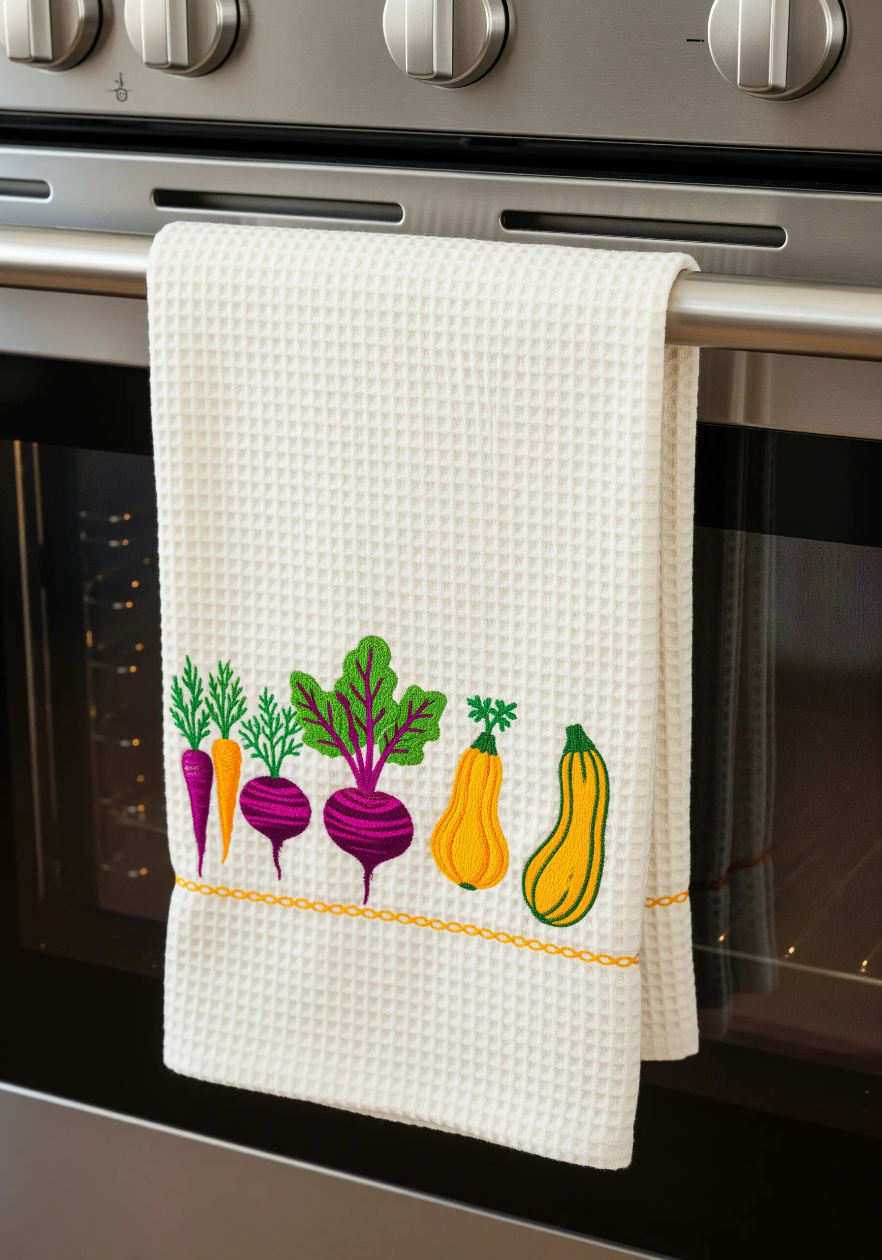 A row of brightly colored root vegetables embroidered on a white waffle-weave kitchen towel.