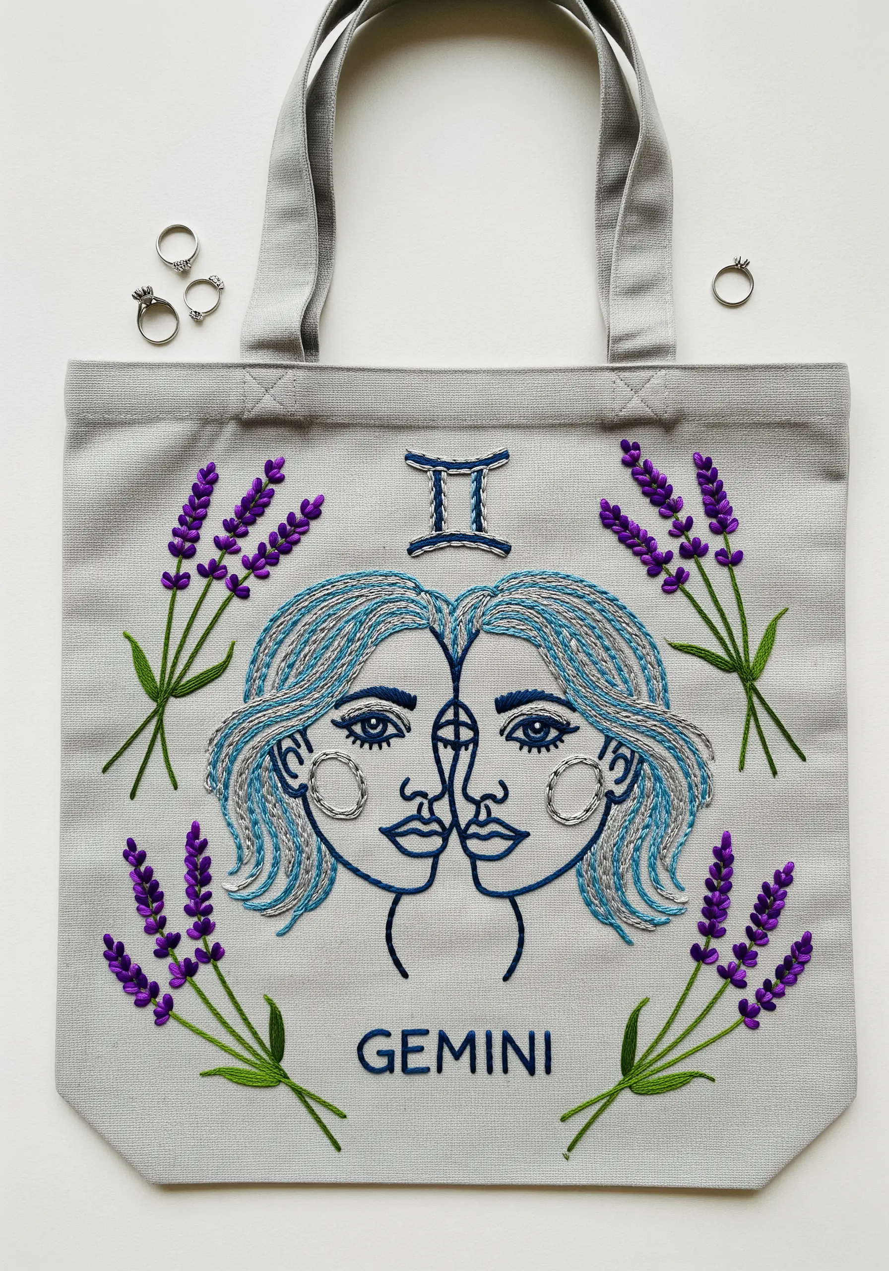 Gemini twin faces embroidered in line art style with textured blue hair, framed by purple lavender.