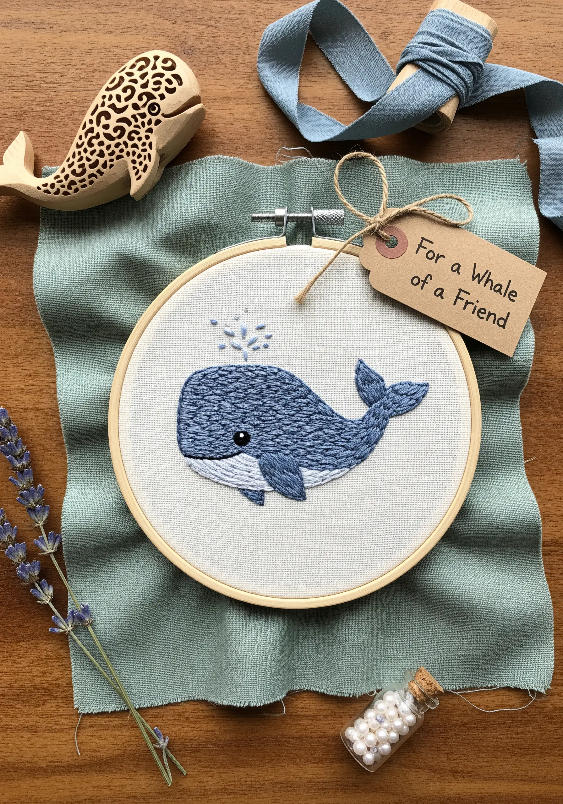 Thread-painted whale with directional long-and-short stitch in shades of blue.