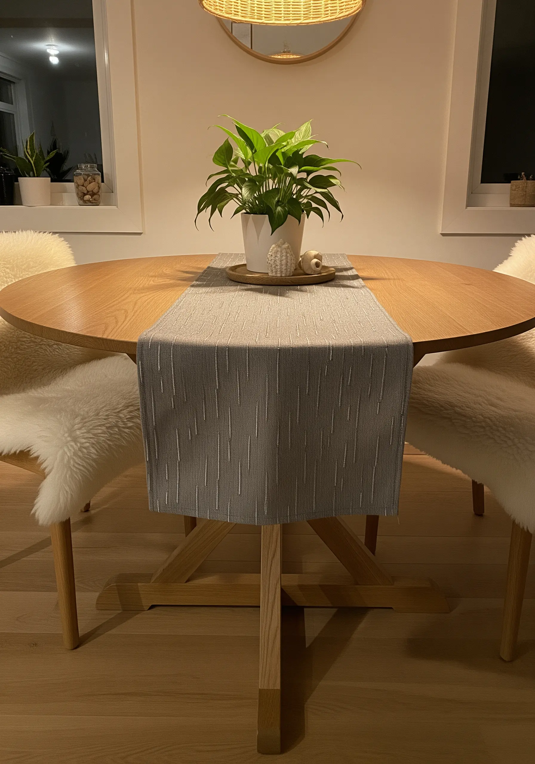 Subtle vertical stitches in a matching gray thread create a rain-like texture