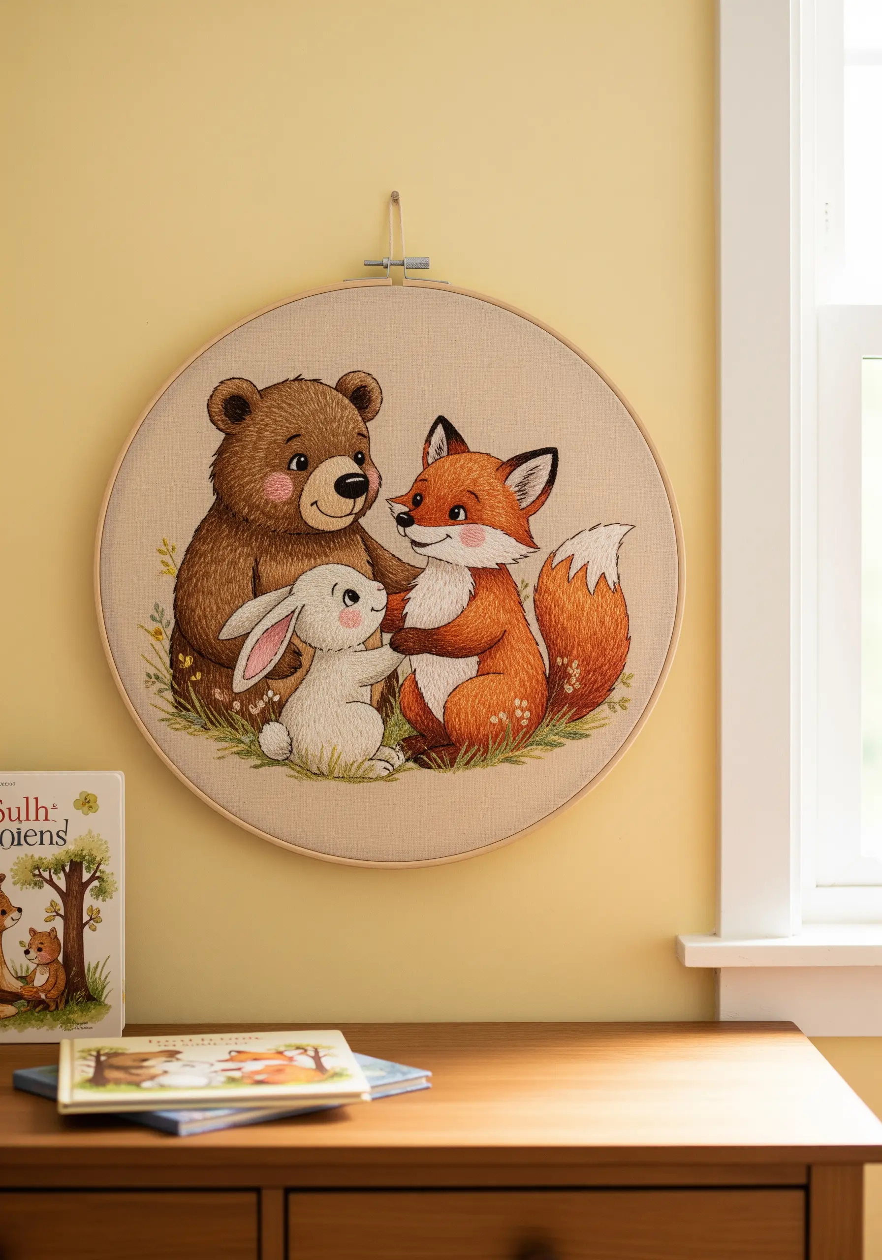 An embroidery hoop with a heartwarming scene of a bear, fox, and rabbit hugging.