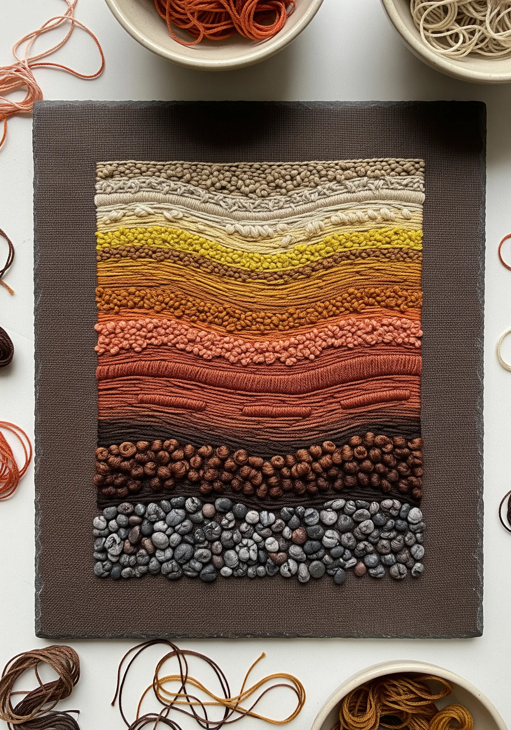 Abstract textural embroidery with rows of earthy colored stitches and knots.