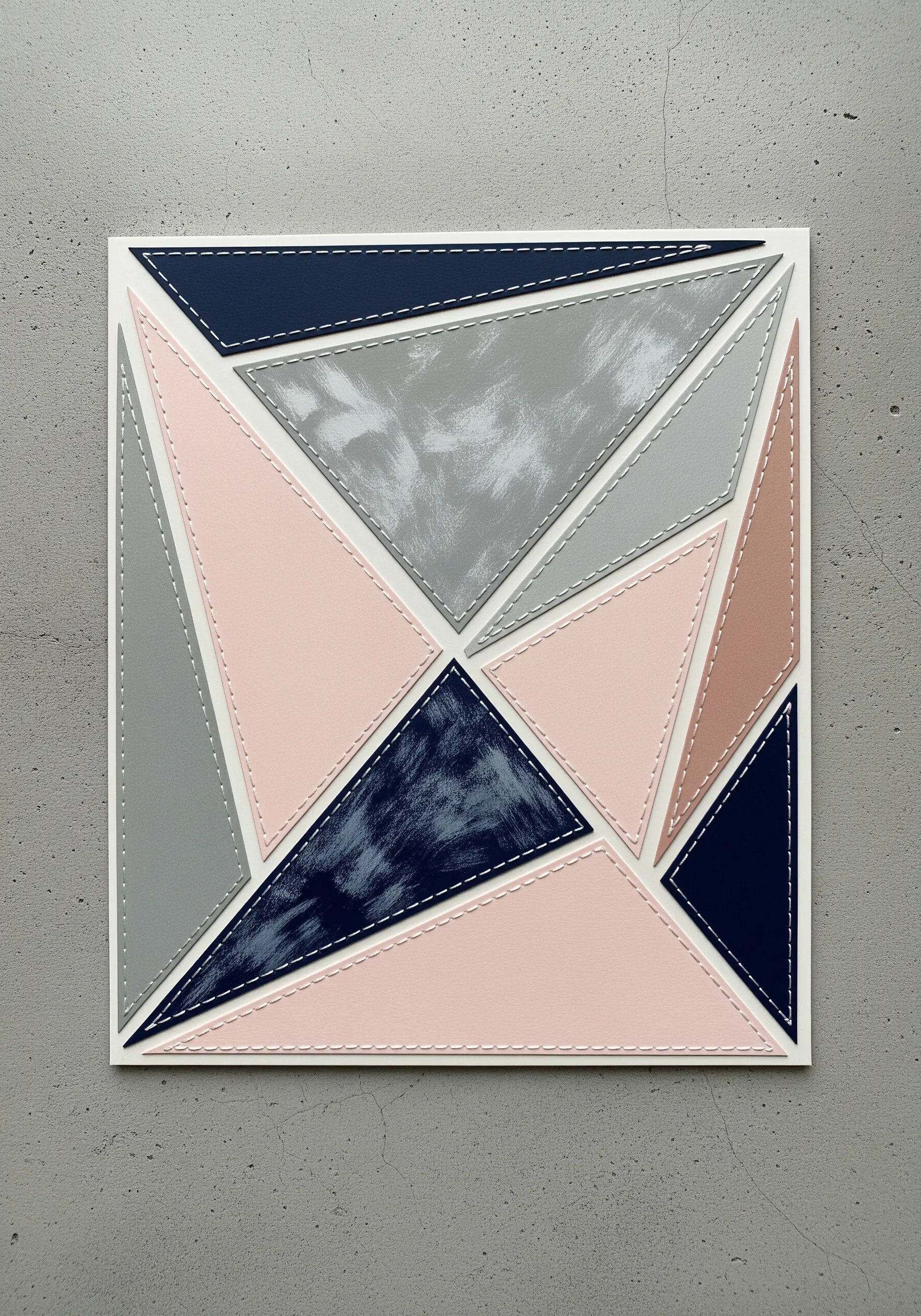 Geometric collage of textured paper with faux running stitches drawn in white.