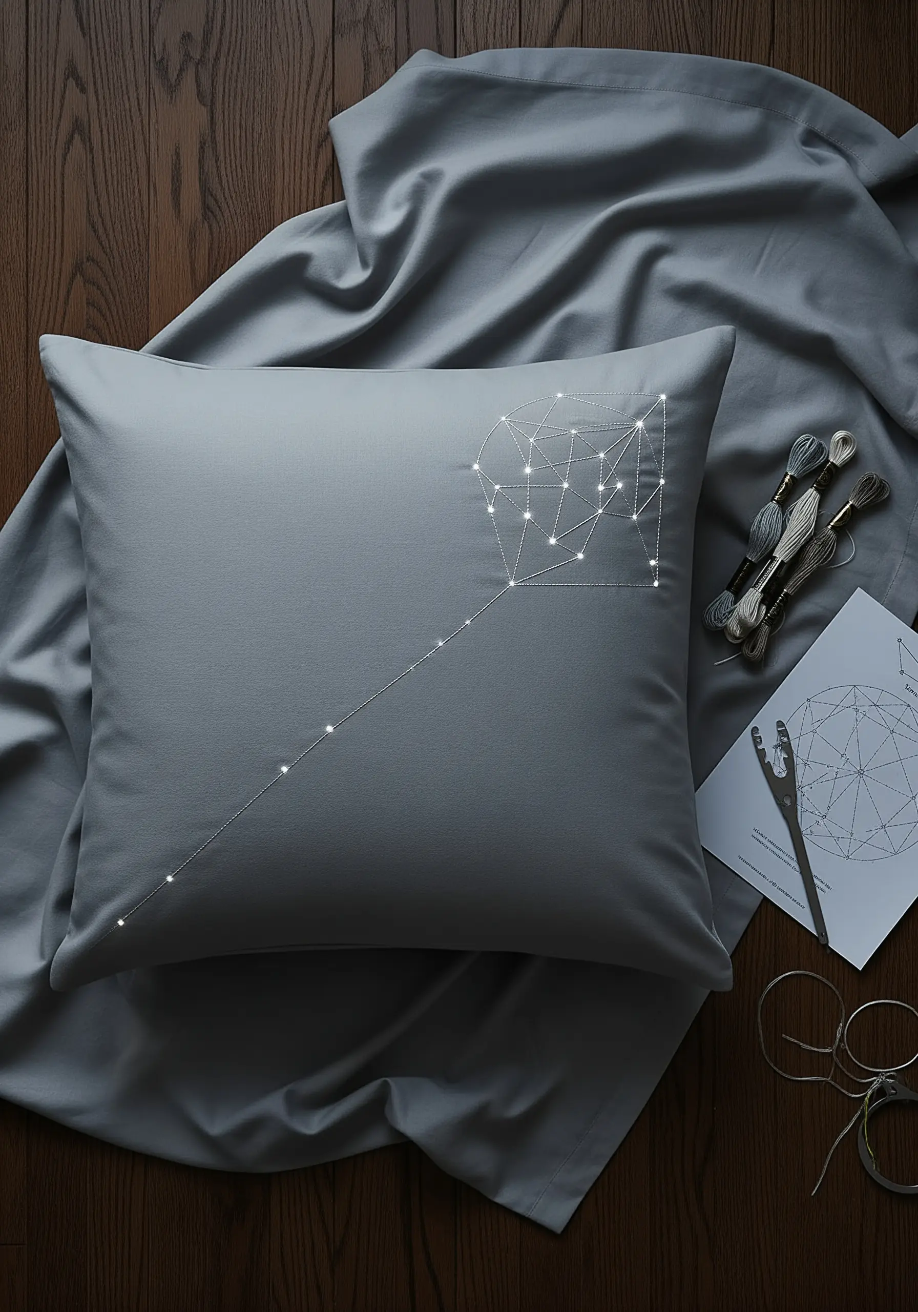 A geometric constellation embroidered in white thread on a grey pillowcase.