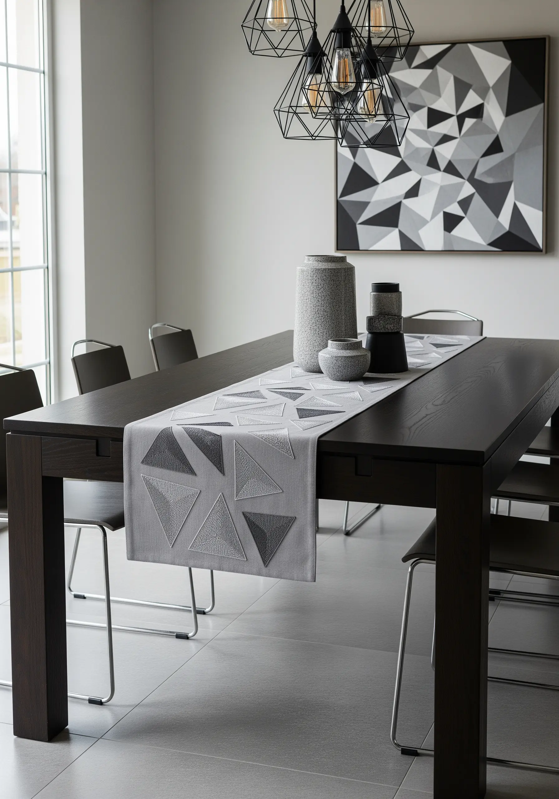Geometric triangles in shades of gray appliquéd onto a light gray table runner