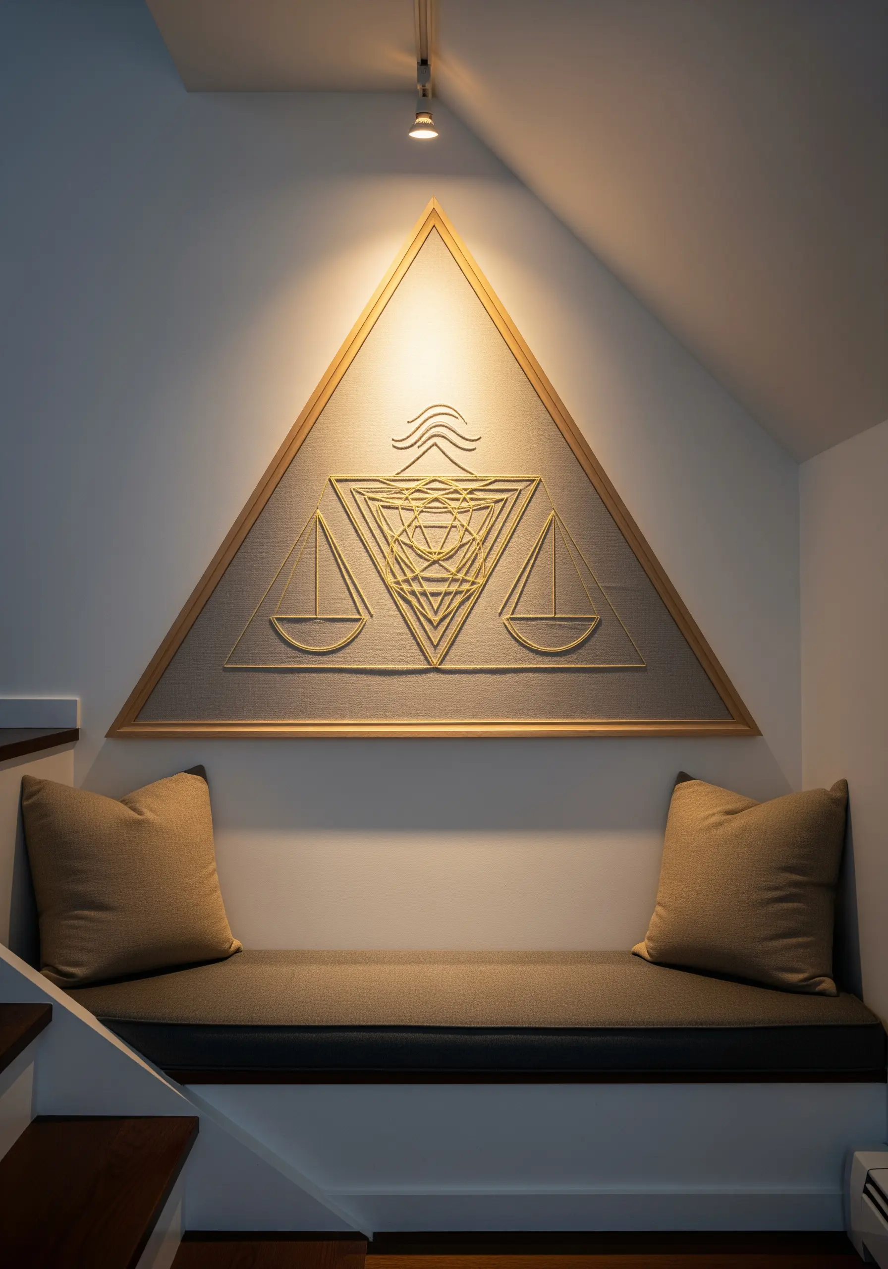 A triangular framed embroidery with a complex geometric pattern in a single thread color.
