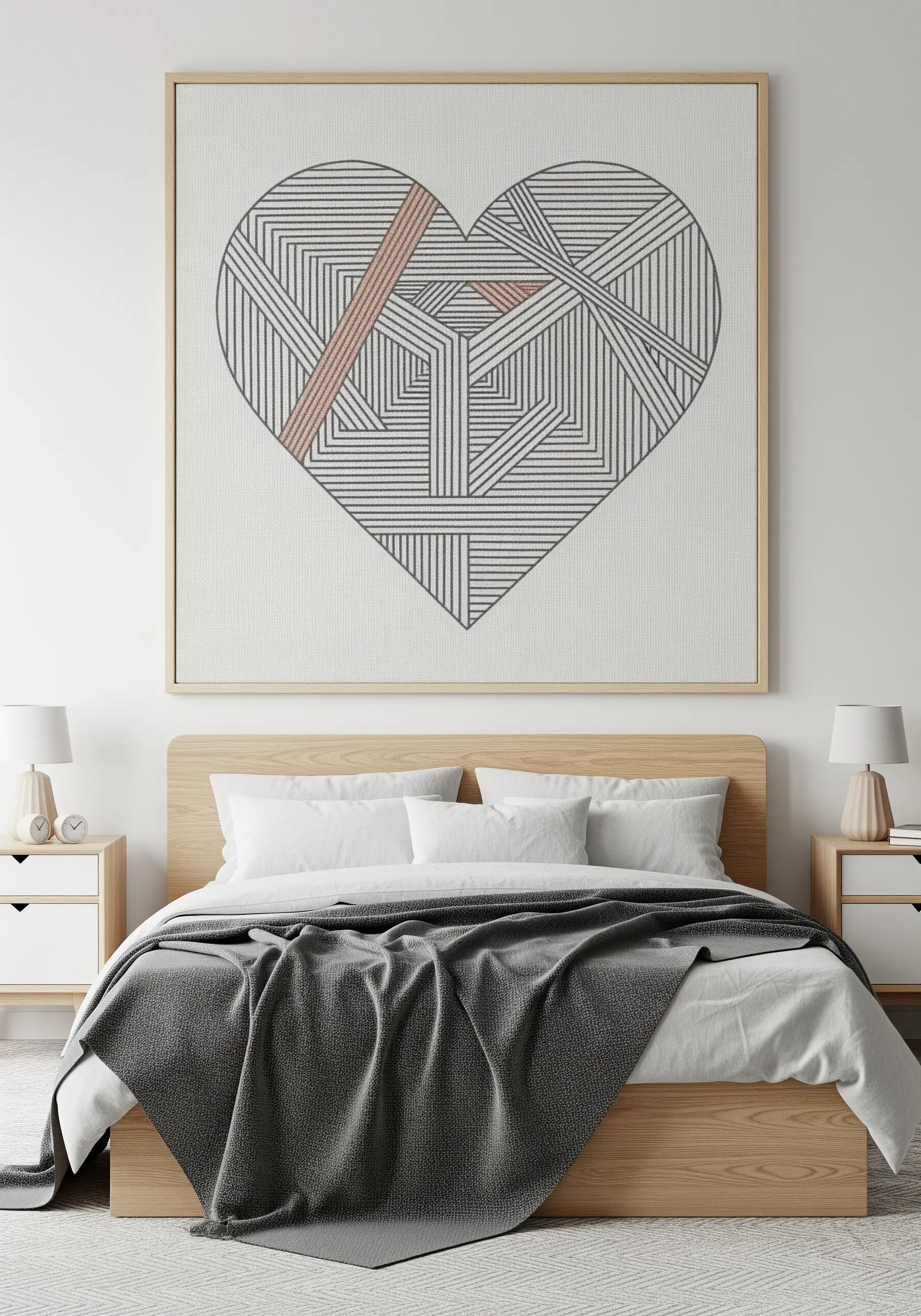 A large framed embroidery of a heart filled with a complex geometric line pattern.