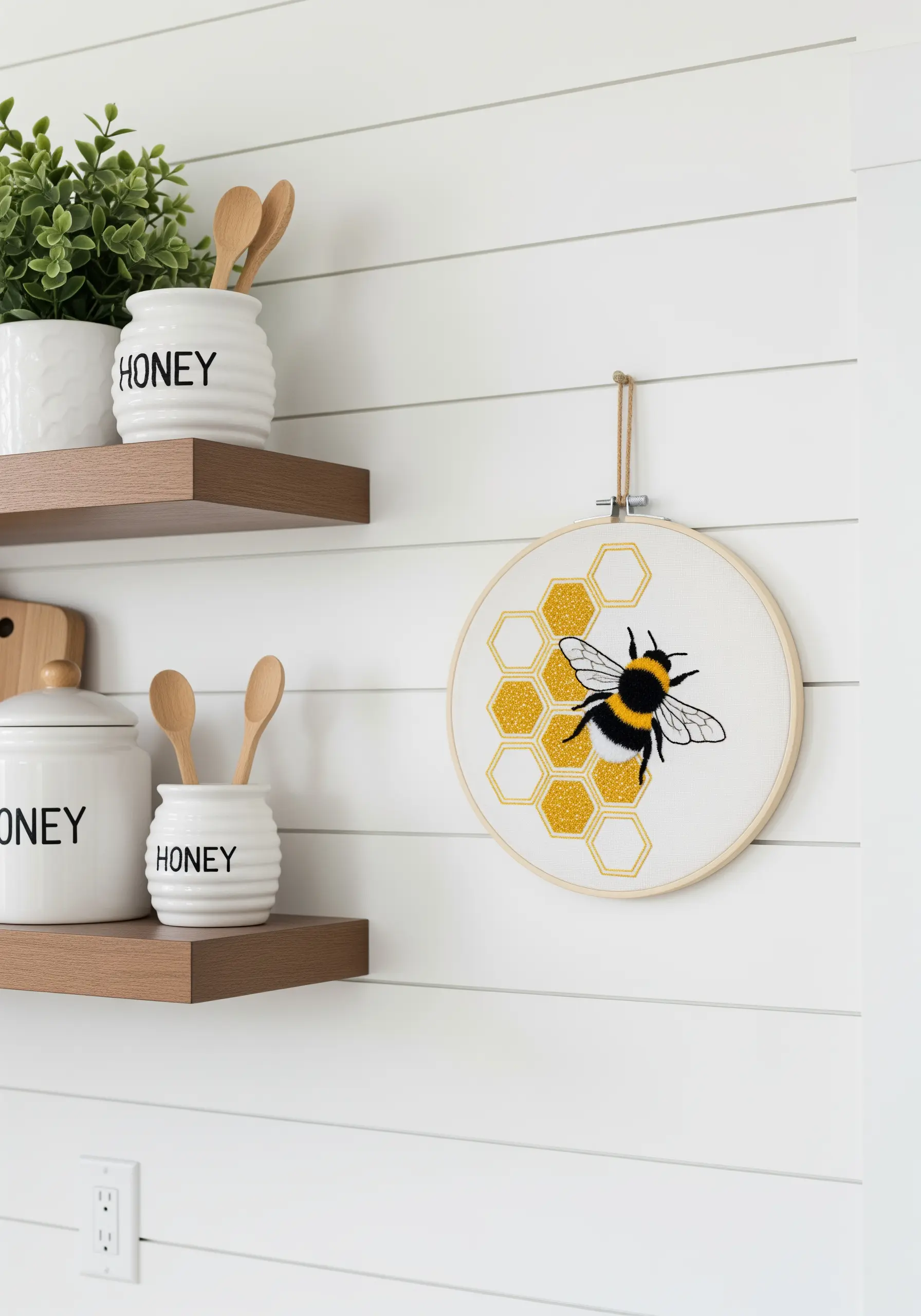 An embroidery hoop featuring a bumblebee on a honeycomb, with textured and metallic details.