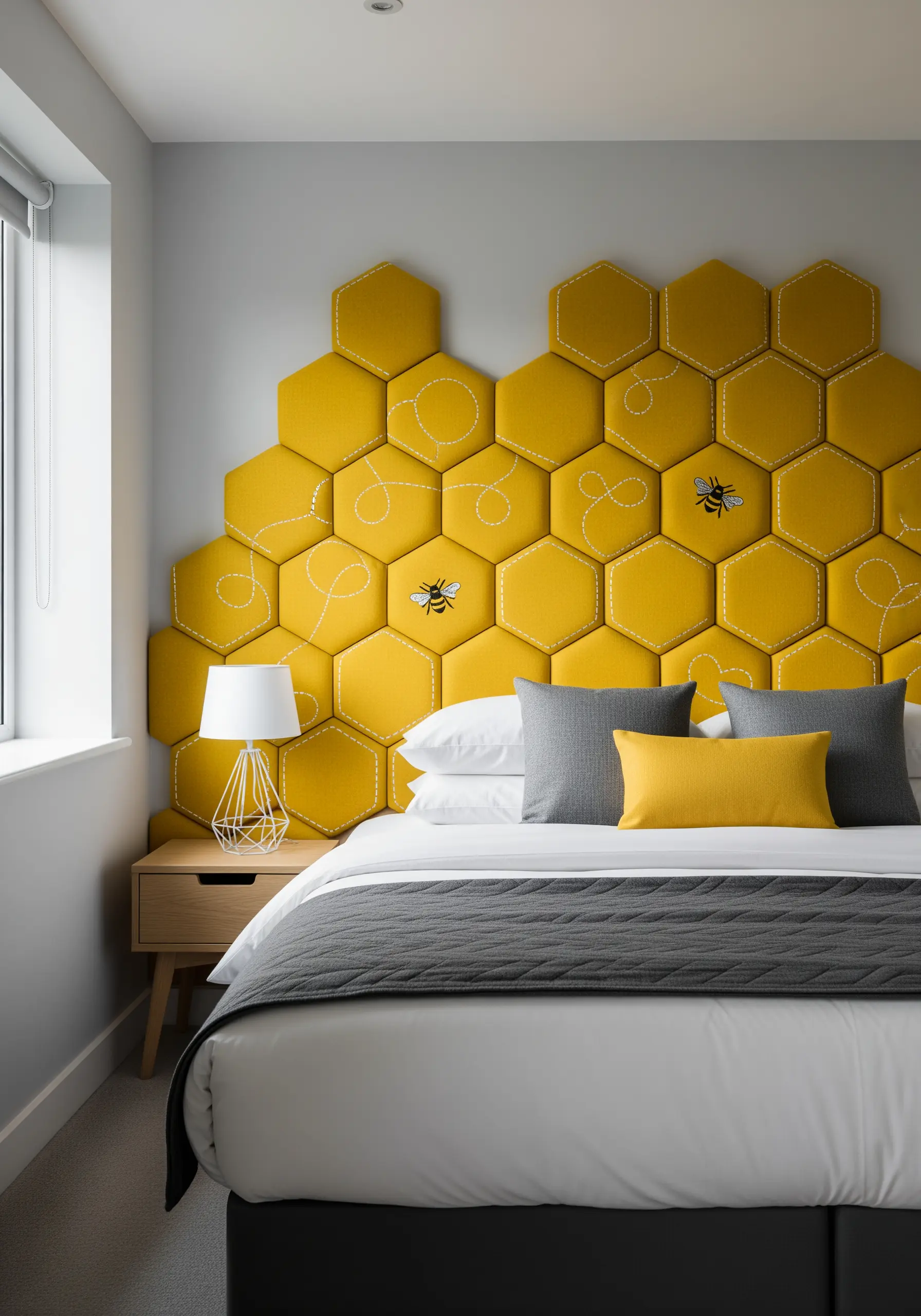 A headboard made of yellow padded honeycomb-shaped panels with bee embroidery.