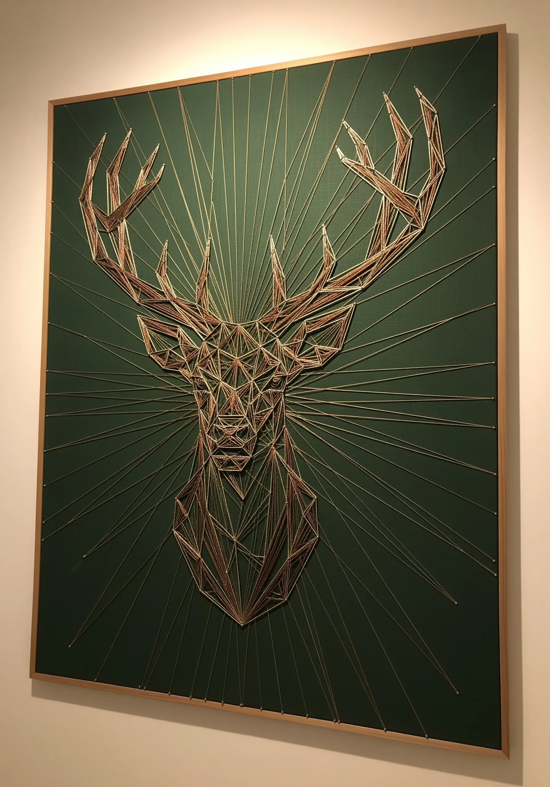 Geometric deer portrait with gold thread on a dark green background, creating a radiant effect.