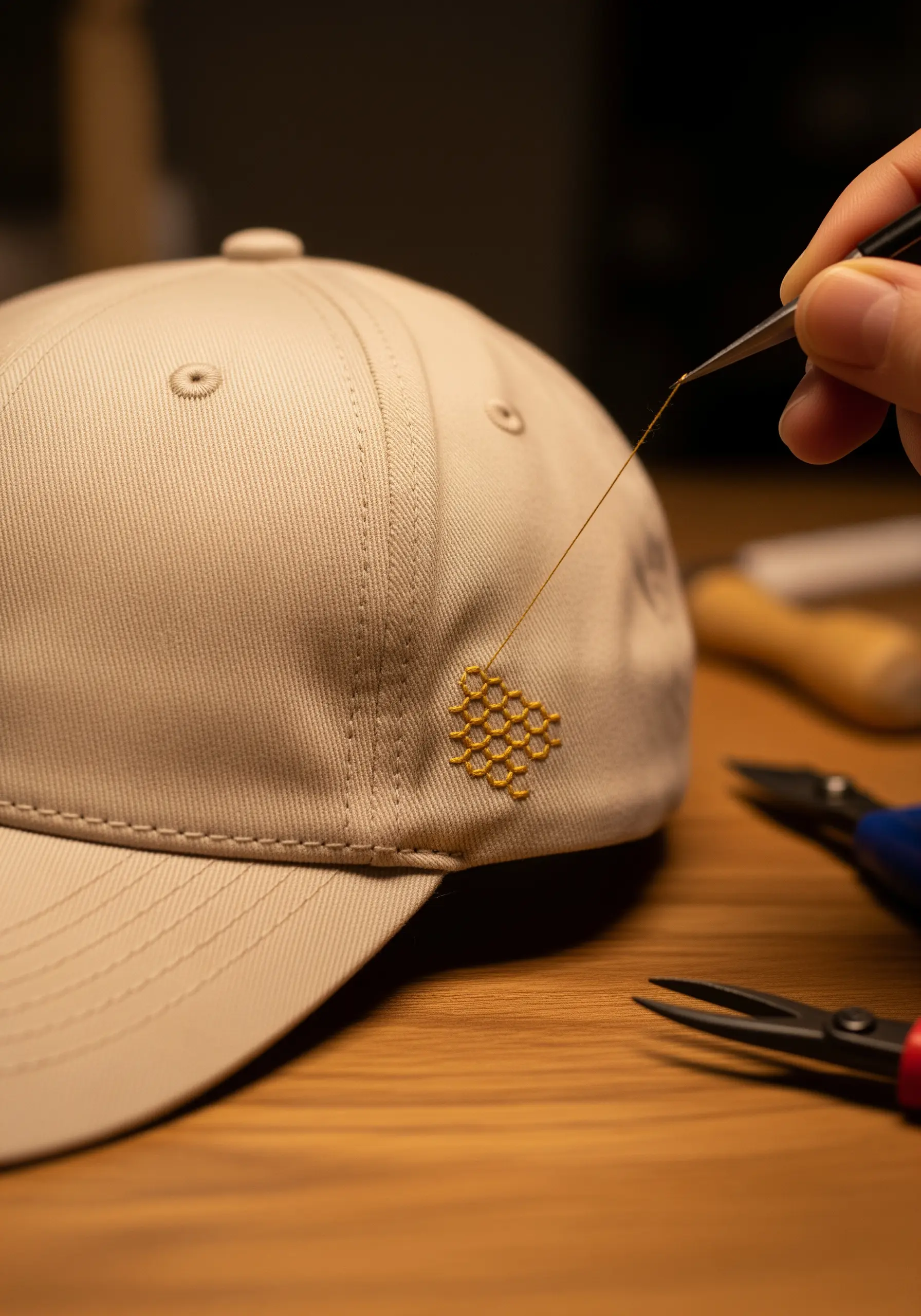 A tiny, precise honeycomb pattern embroidered in golden thread on the side of a beige cap.