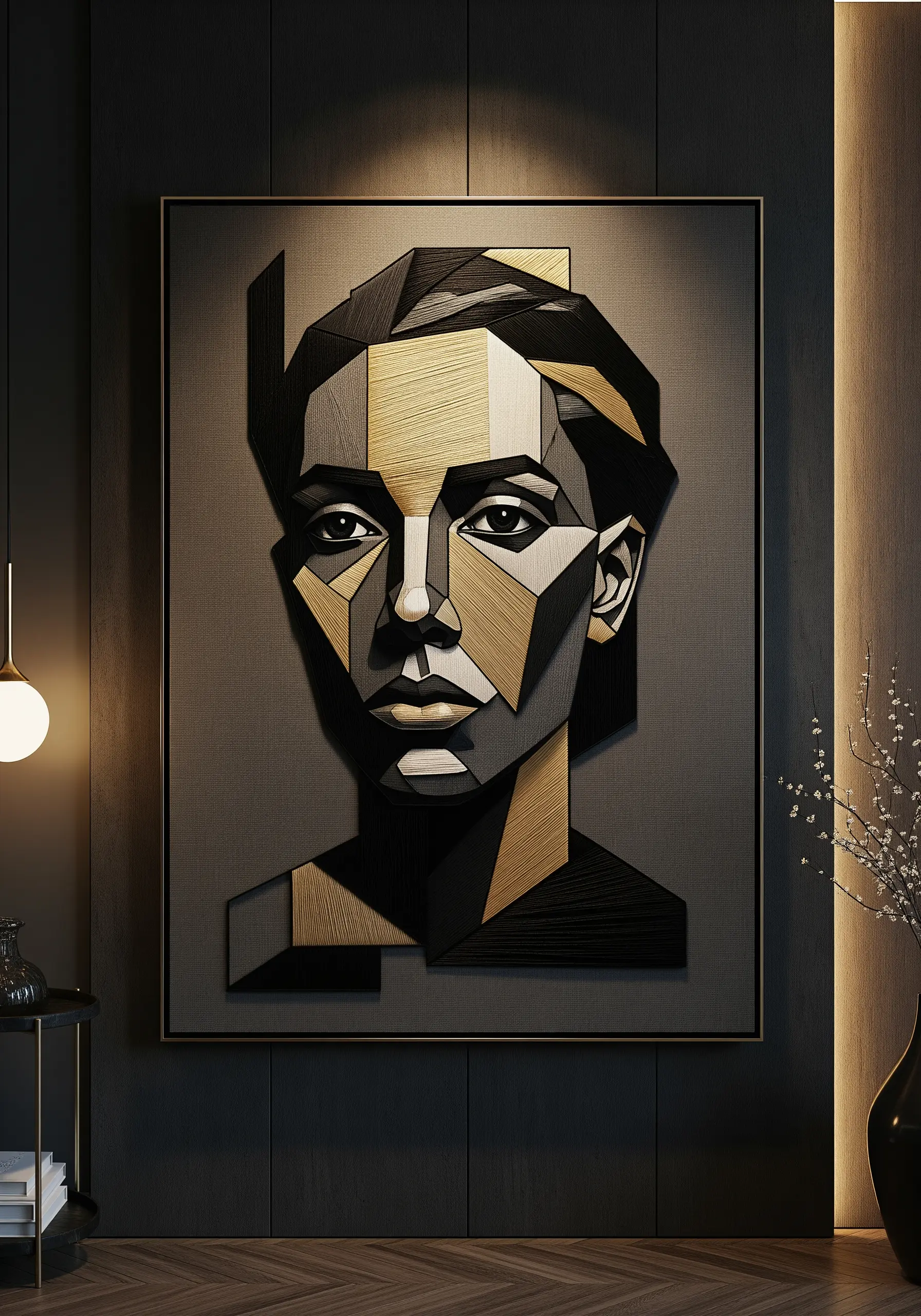 A cubist-style portrait made with blocks of black and gold thread.