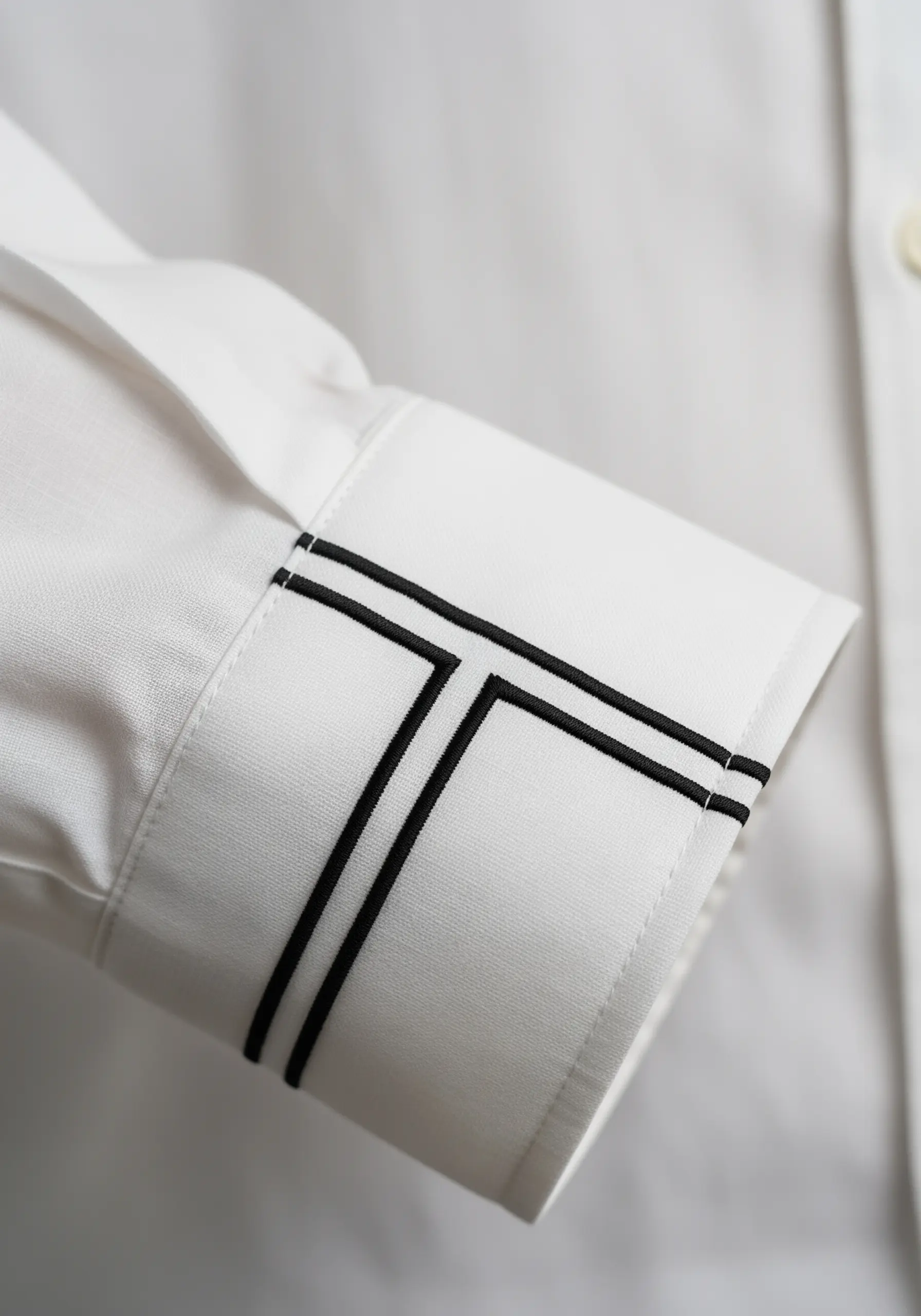 Sharp black geometric lines embroidered on the cuff of a crisp white dress shirt.