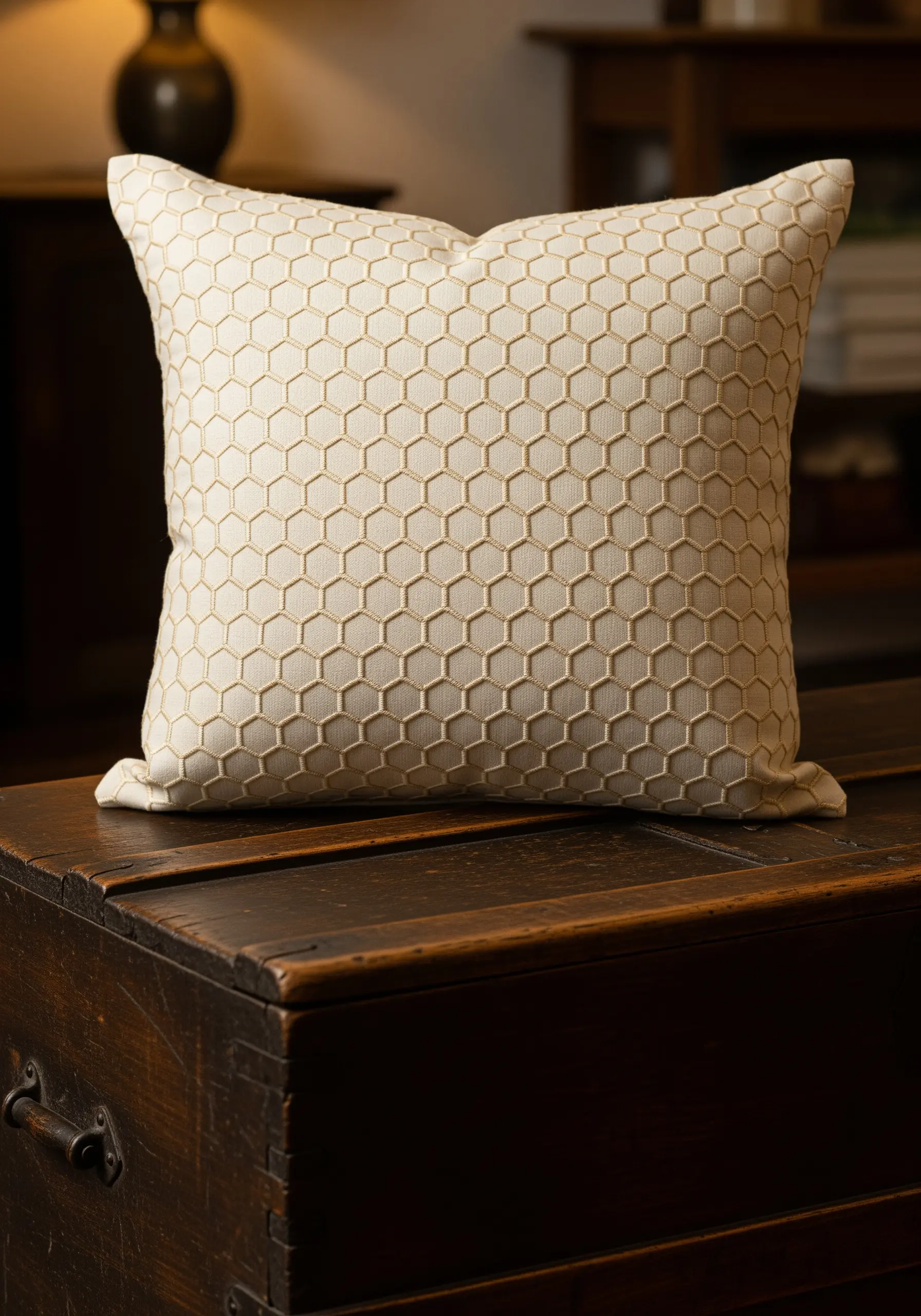 A full-coverage honeycomb geometric pattern embroidered in gold thread.