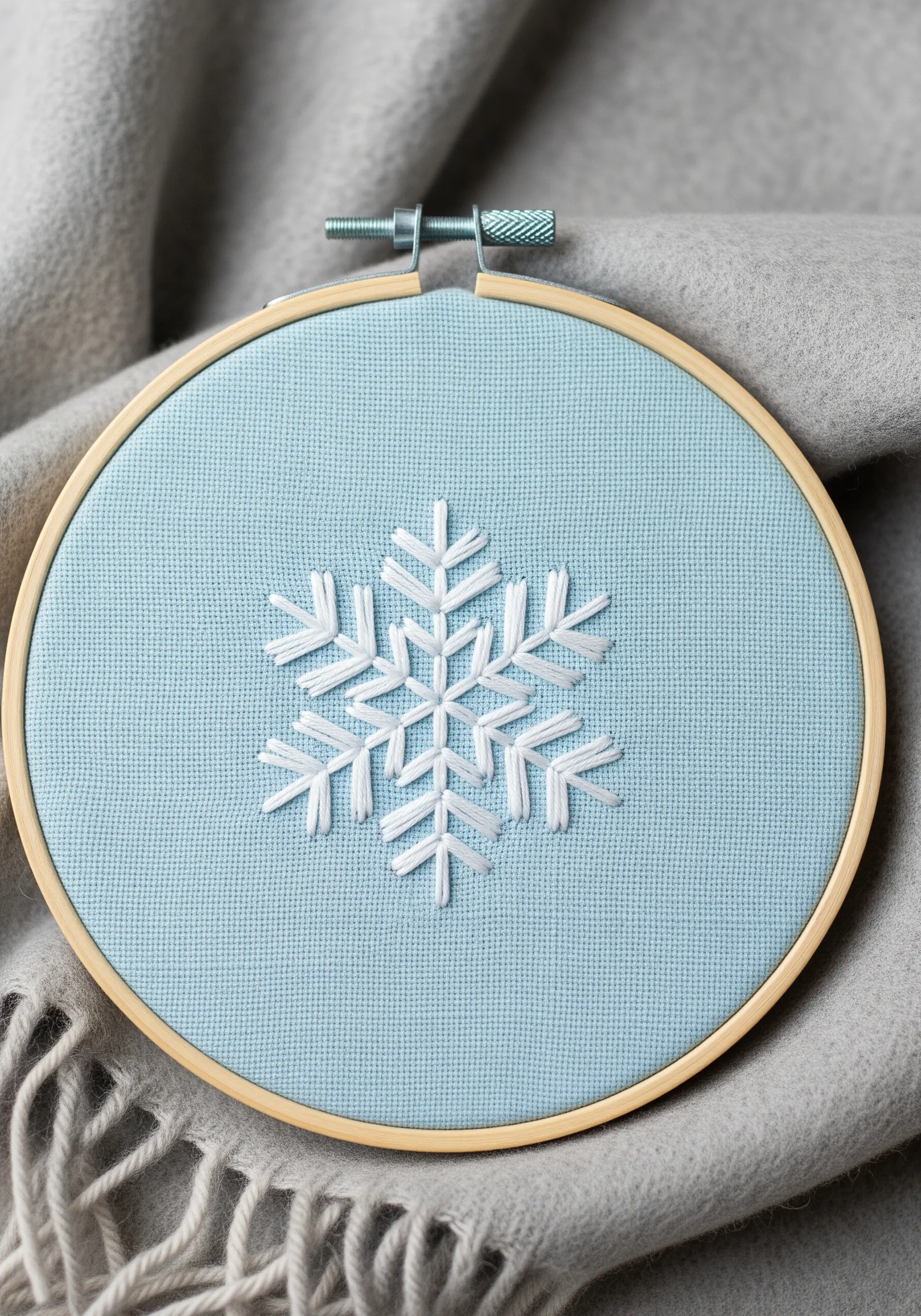 A symmetrical white snowflake made of straight stitches on pale blue fabric.