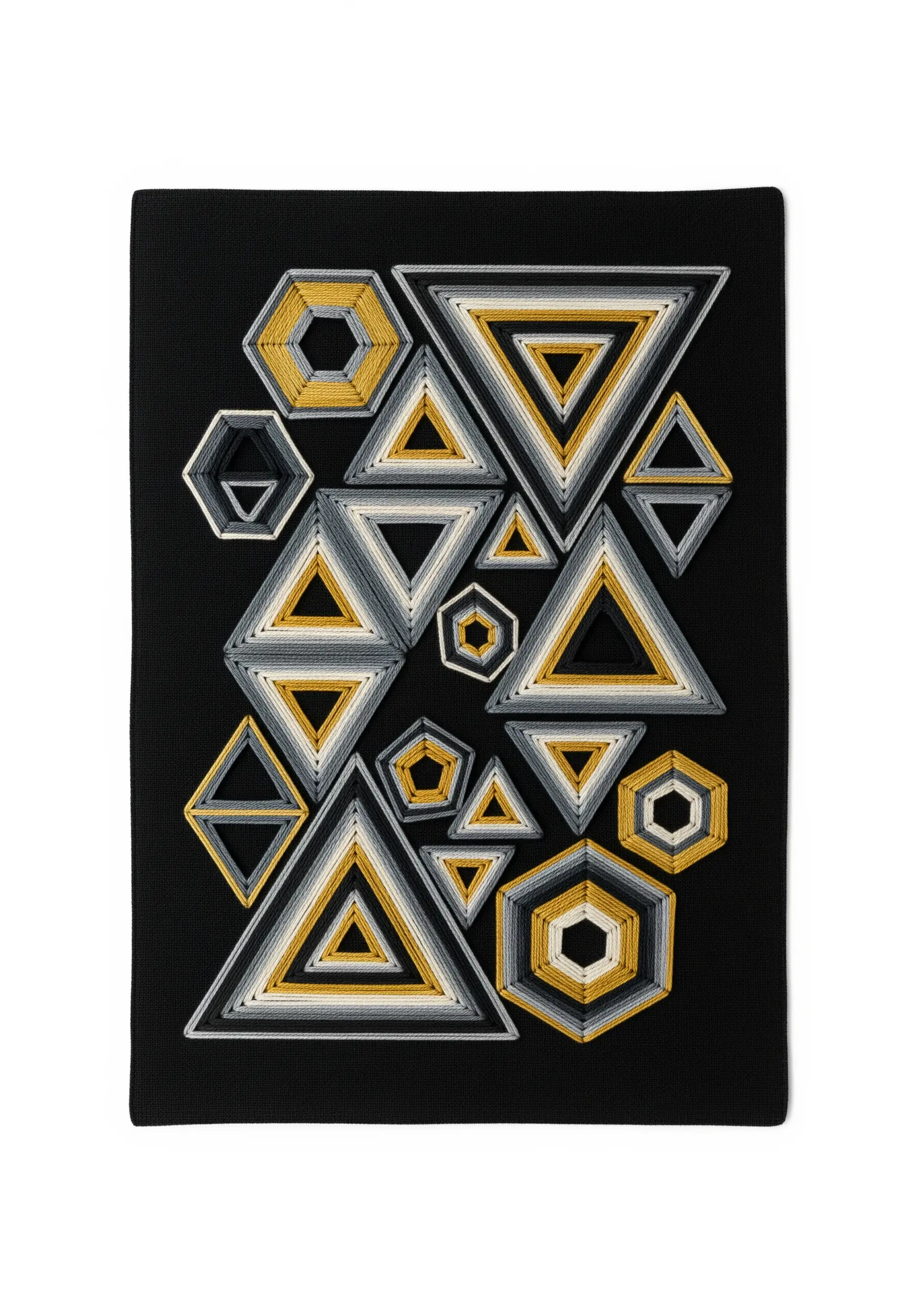 Geometric string art with layered triangles and hexagons in gold, white, and grey thread.