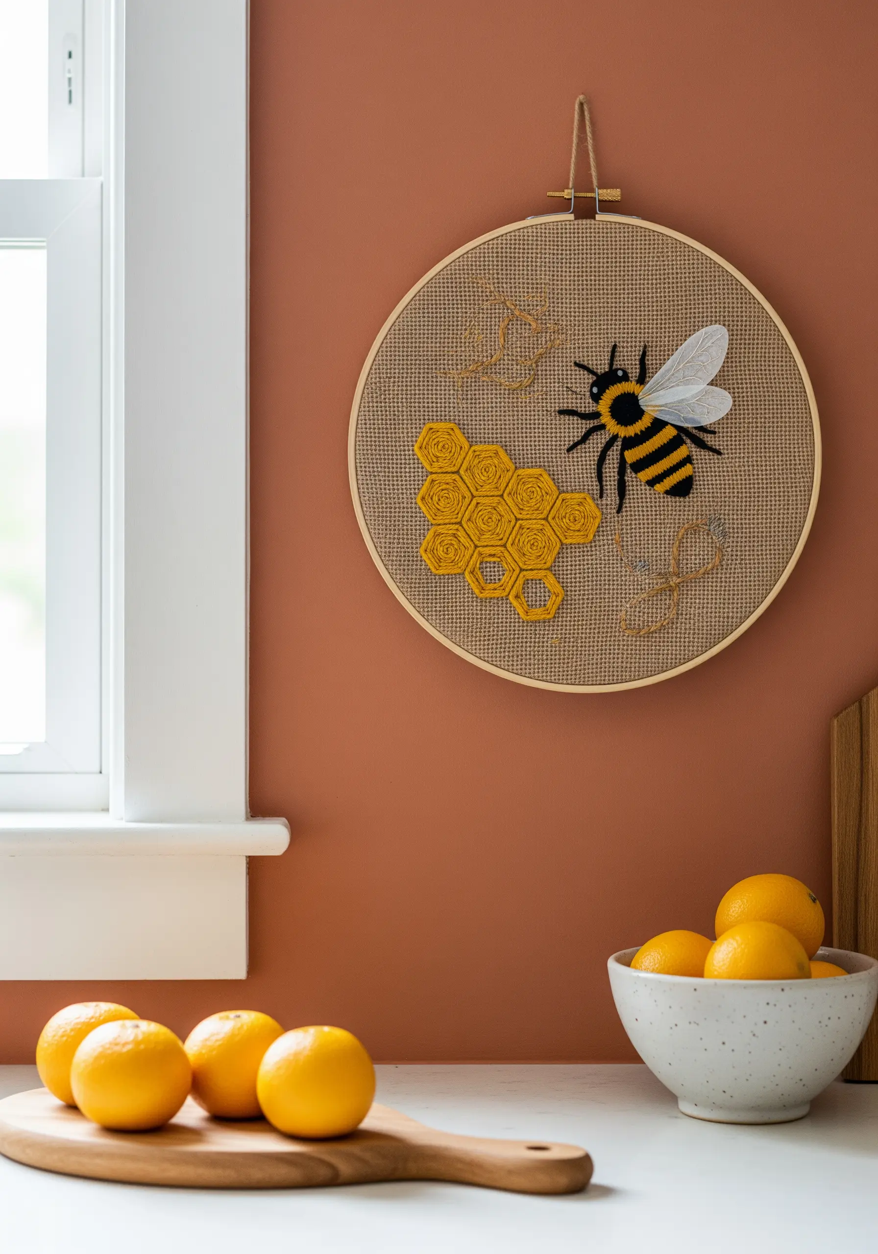 Embroidery hoop with a bumblebee, honeycomb made of woven wheel stitches, and flight paths.