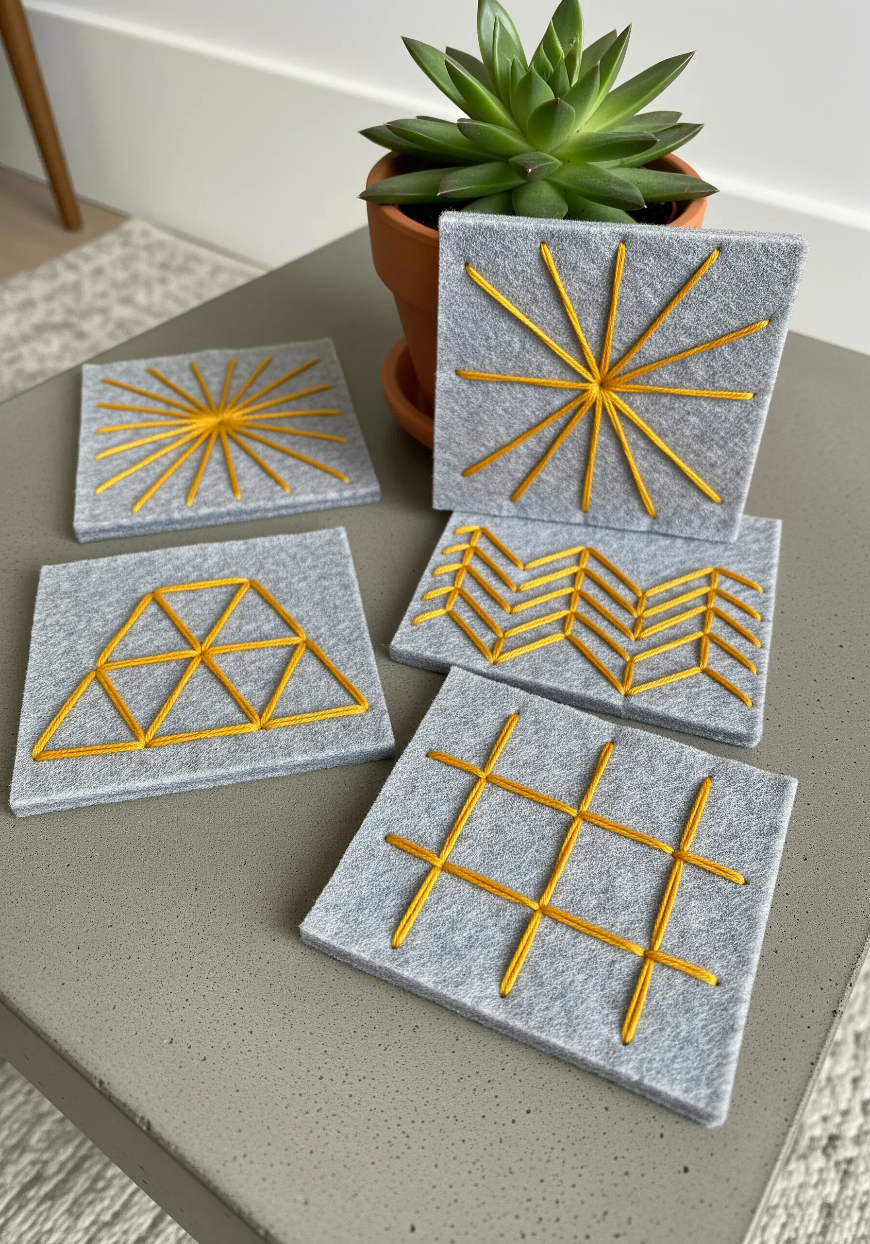 Set of five grey felt coasters with geometric patterns stitched in yellow thread.