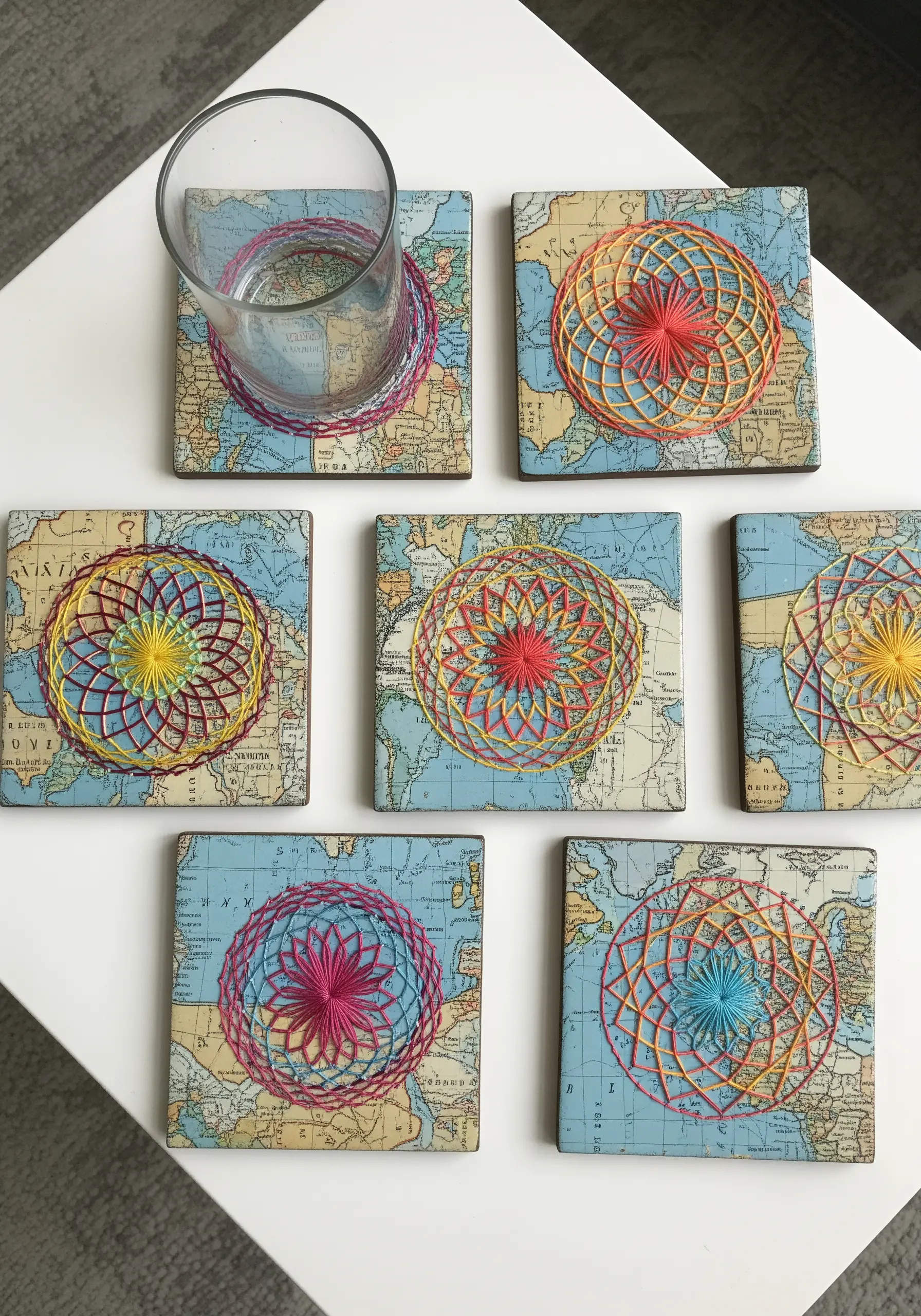 A set of coasters with vintage maps, decorated with colorful string art mandalas.