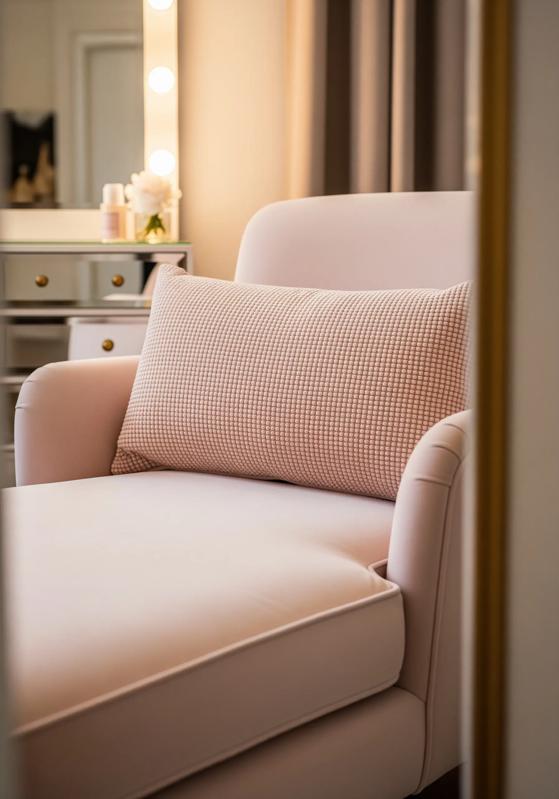 A pink lumbar pillow with a textured grid pattern created with tone-on-tone French knots.