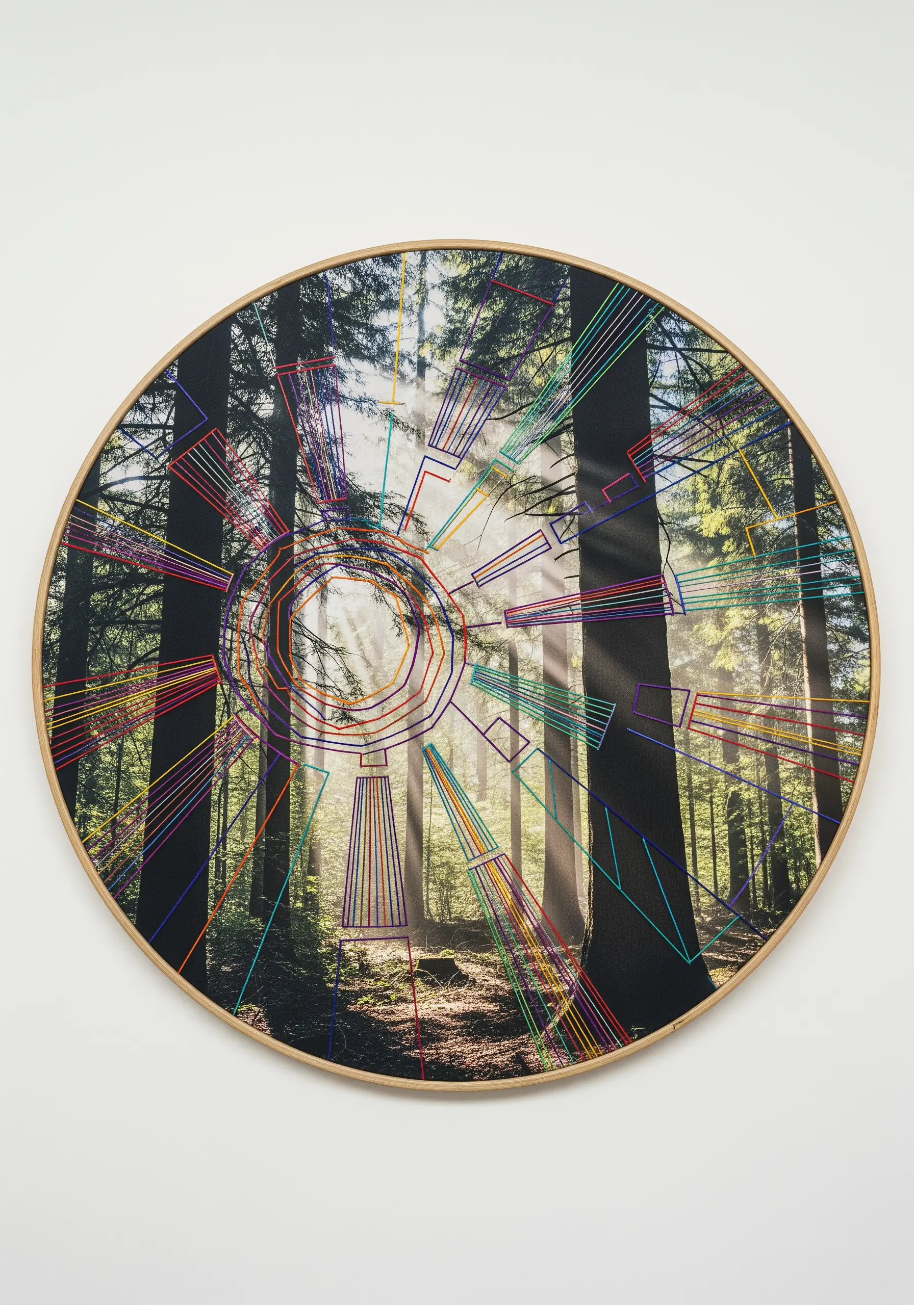 Geometric rainbow thread embroidery stitched over a photograph of a sunlit forest scene.
