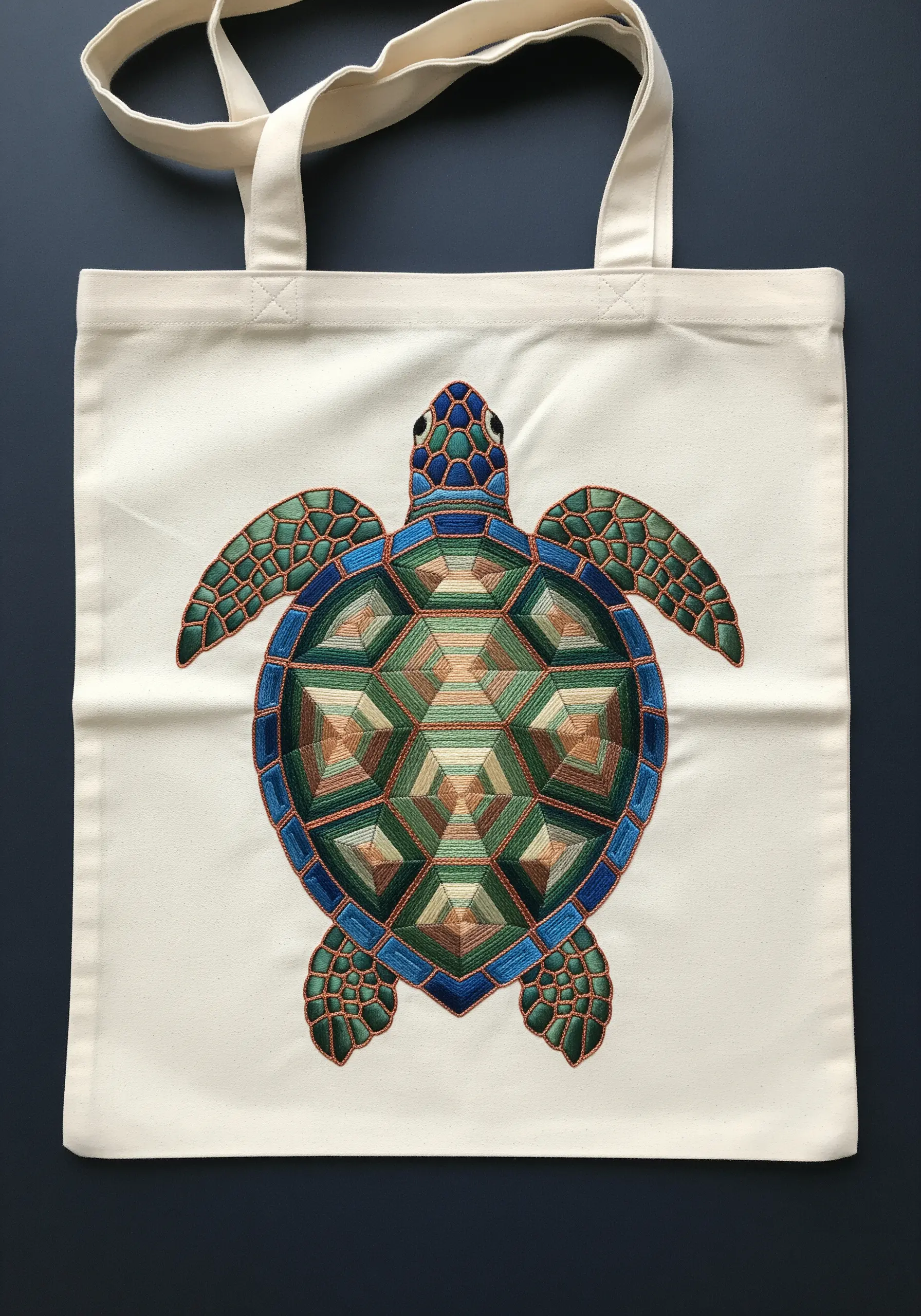 A sea turtle with its shell embroidered in a complex geometric pattern of greens and browns.