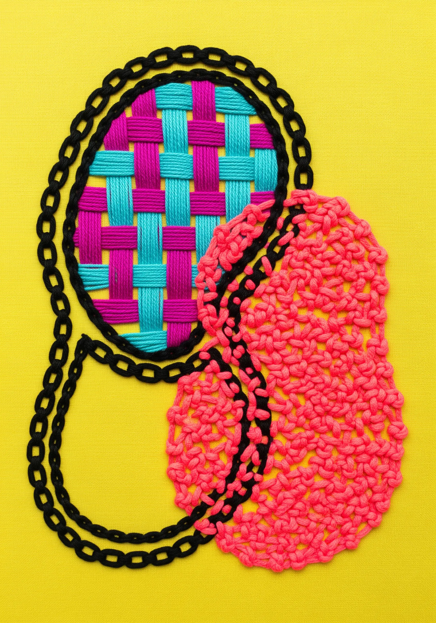 Abstract shapes in bright pink and turquoise, using woven stitches and knotted textures.