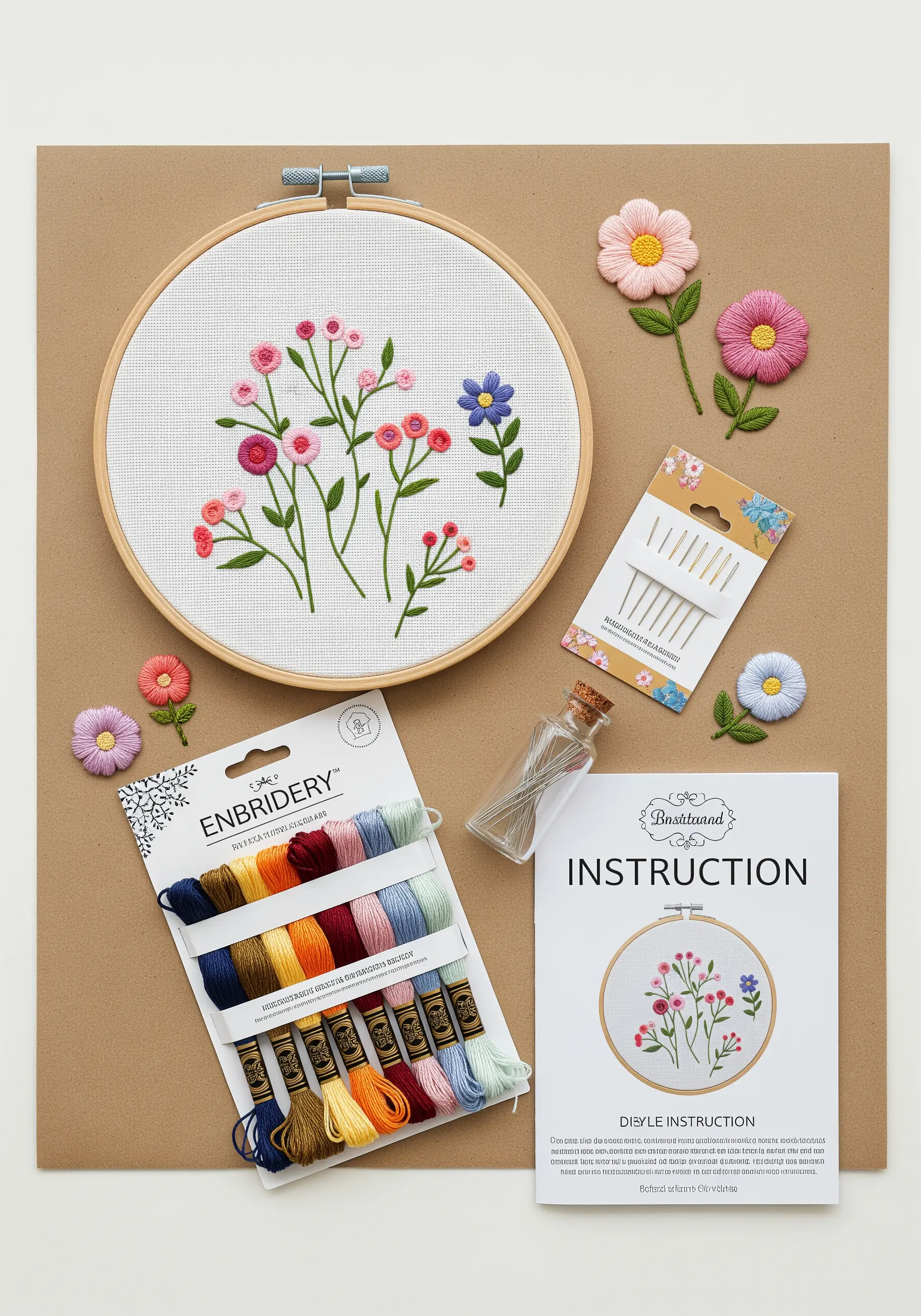 A complete embroidery kit with a floral-patterned hoop, colorful threads, needles, and instructions.