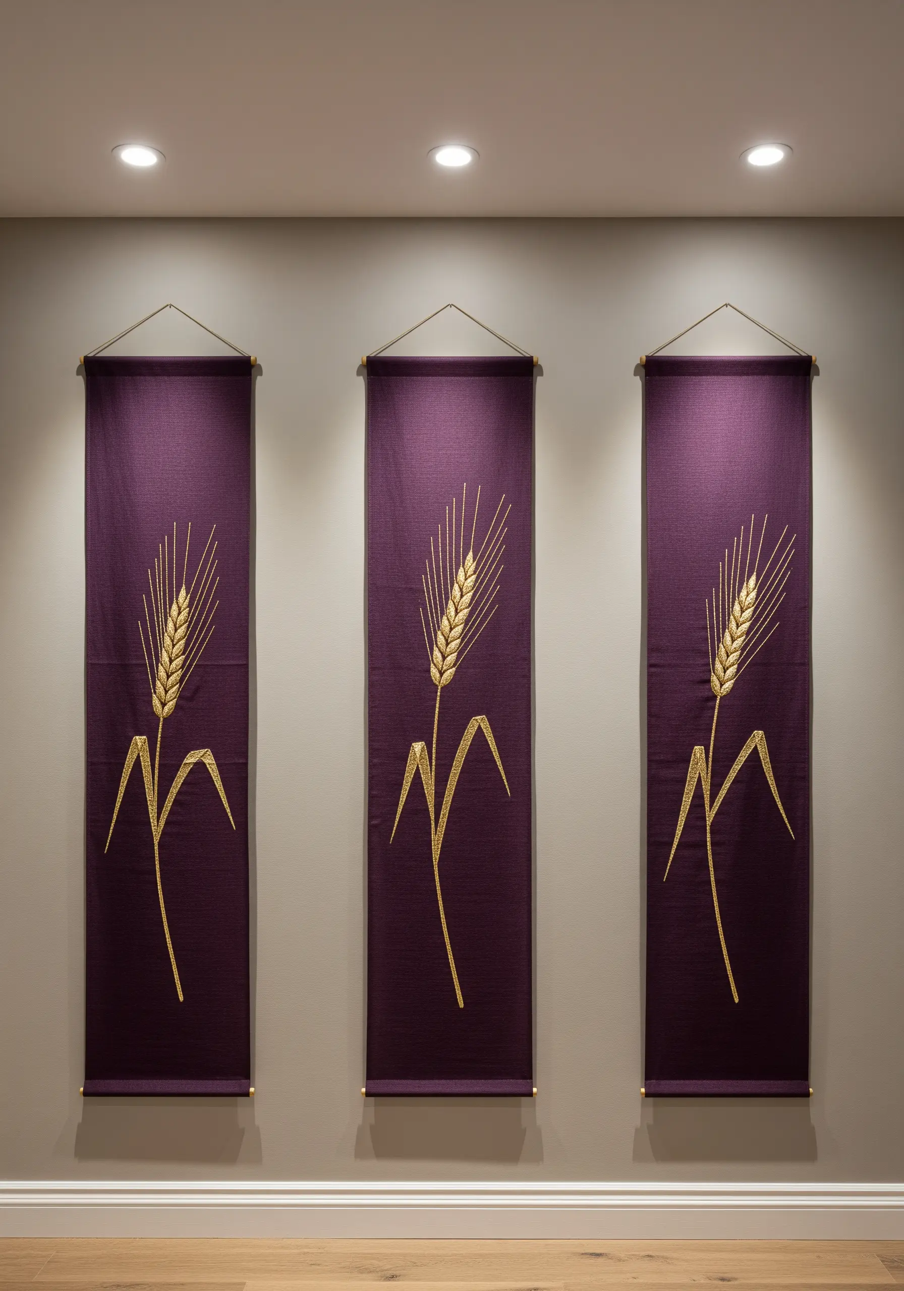Three narrow banners with gold metallic thread embroidery of a wheat stalk on purple fabric.