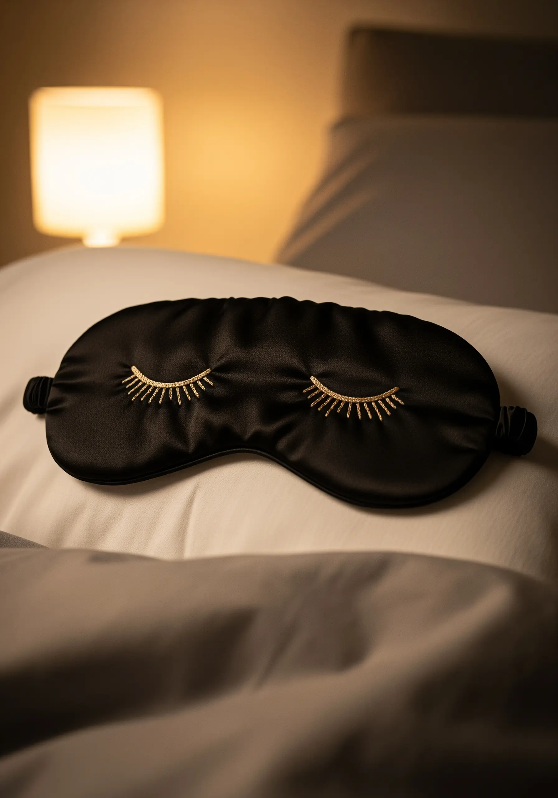 Gold metallic thread embroidered in the shape of closed eyelashes on a black silk sleep mask.