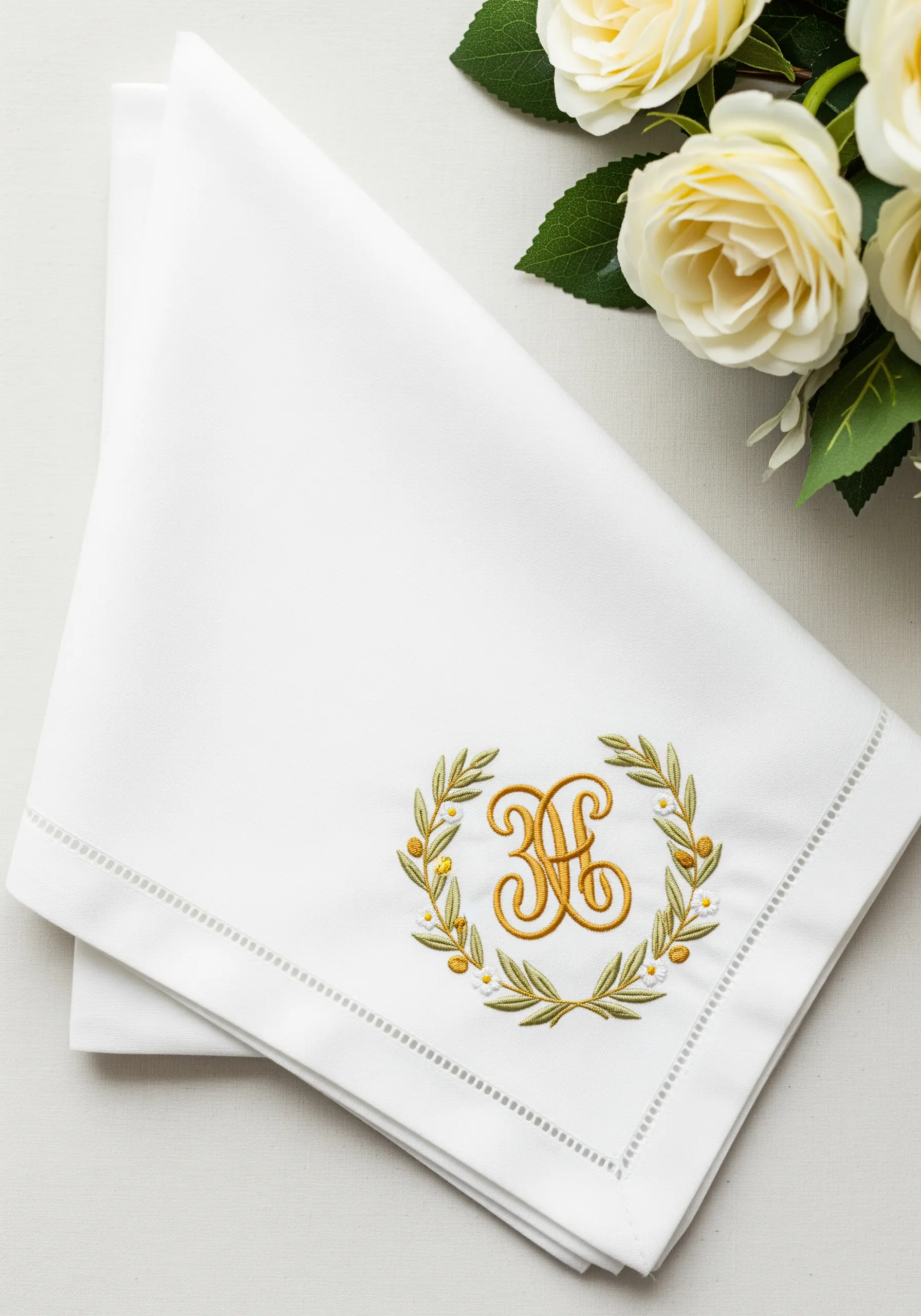 Gold satin stitch monogram 'H' inside a delicate green and white embroidered laurel wreath.