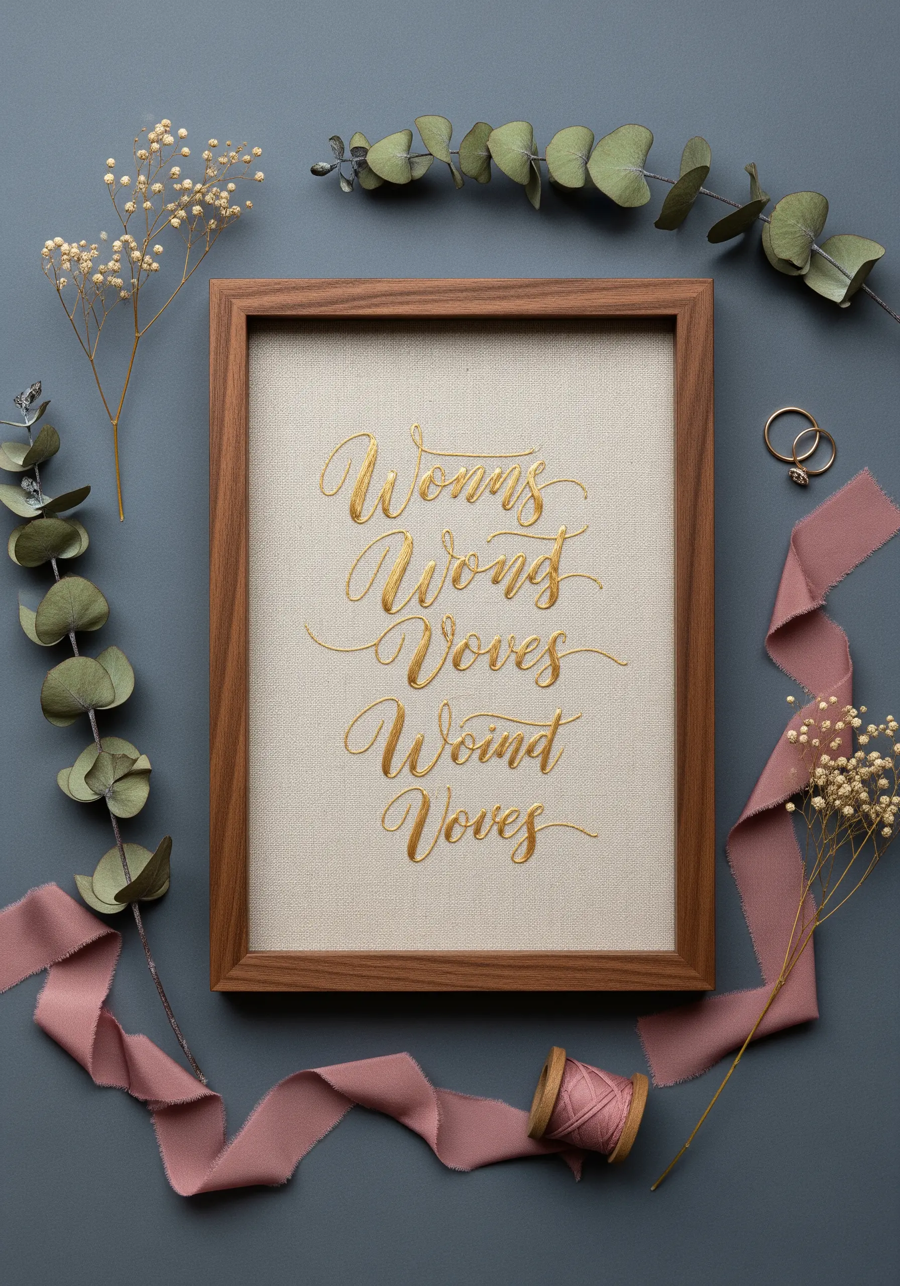 Framed embroidery of wedding vows in gold metallic thread on linen.