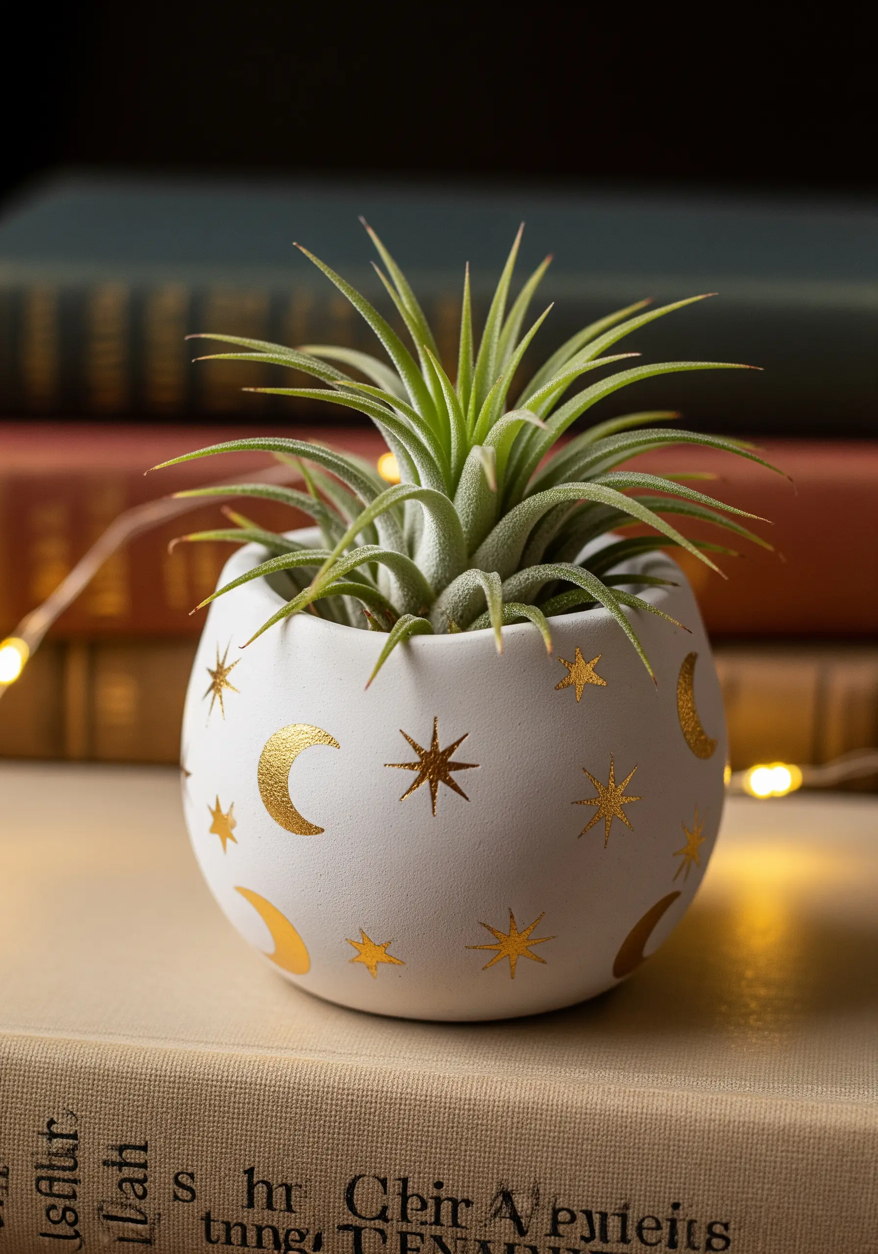 A matte white pot decorated with delicate gold foil crescent moons and stars.