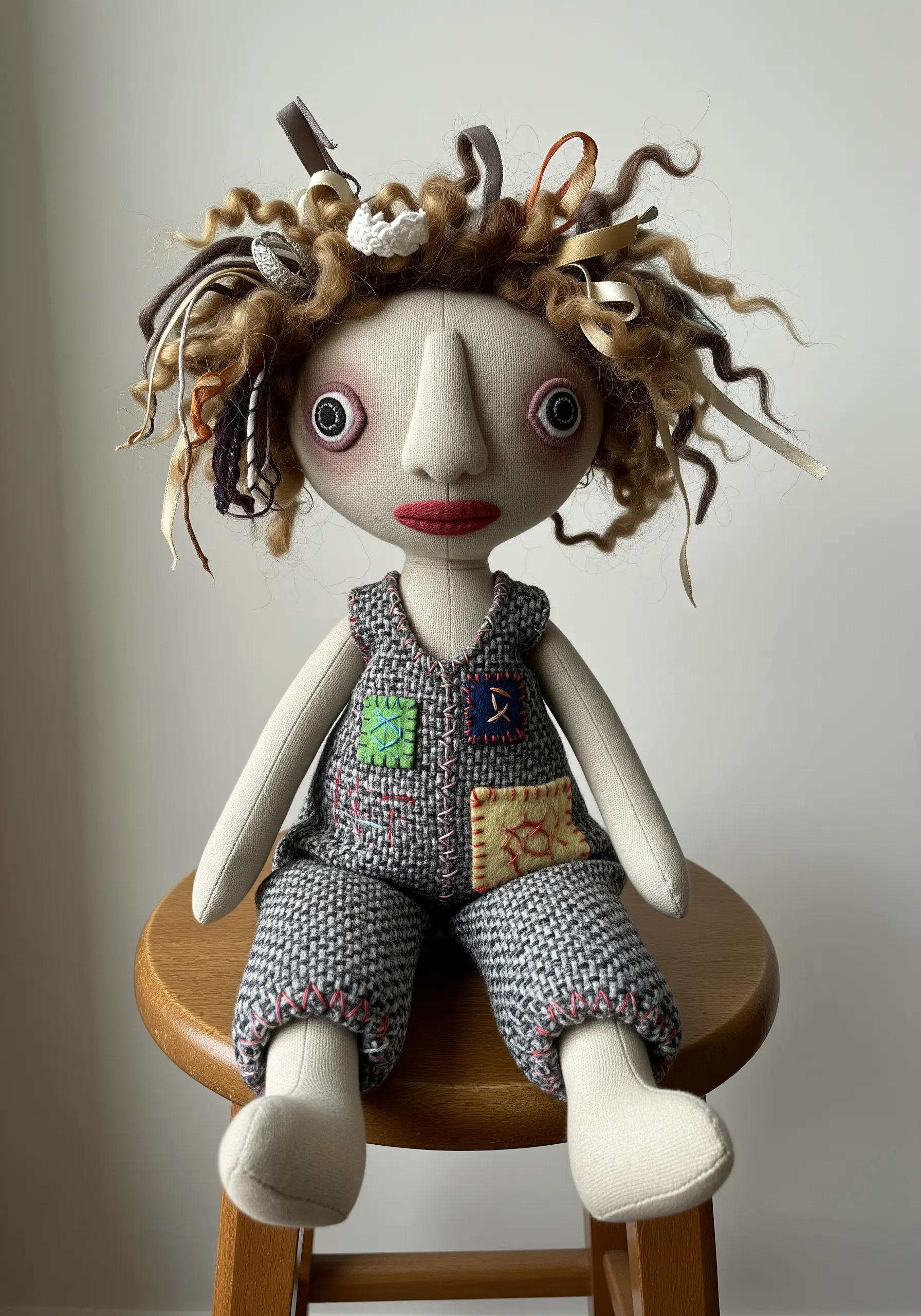 An art doll with curly yarn hair, ribbon details, and stitched-on fabric patches.