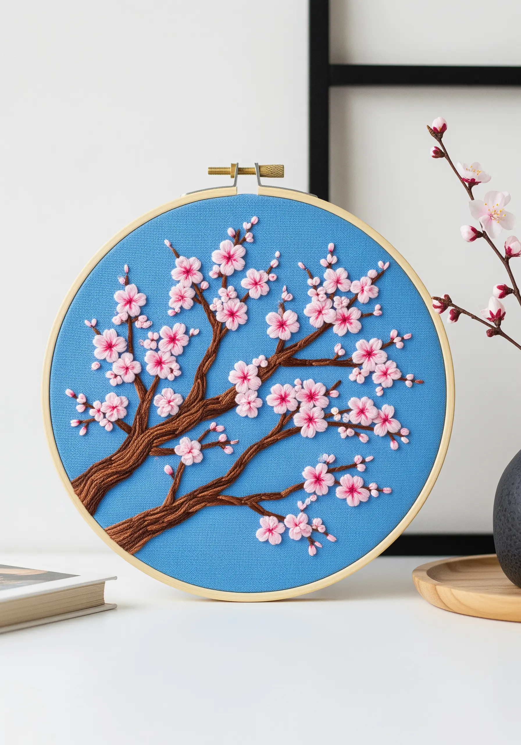 Embroidery of a cherry blossom branch with pink 3D flowers on a blue background.