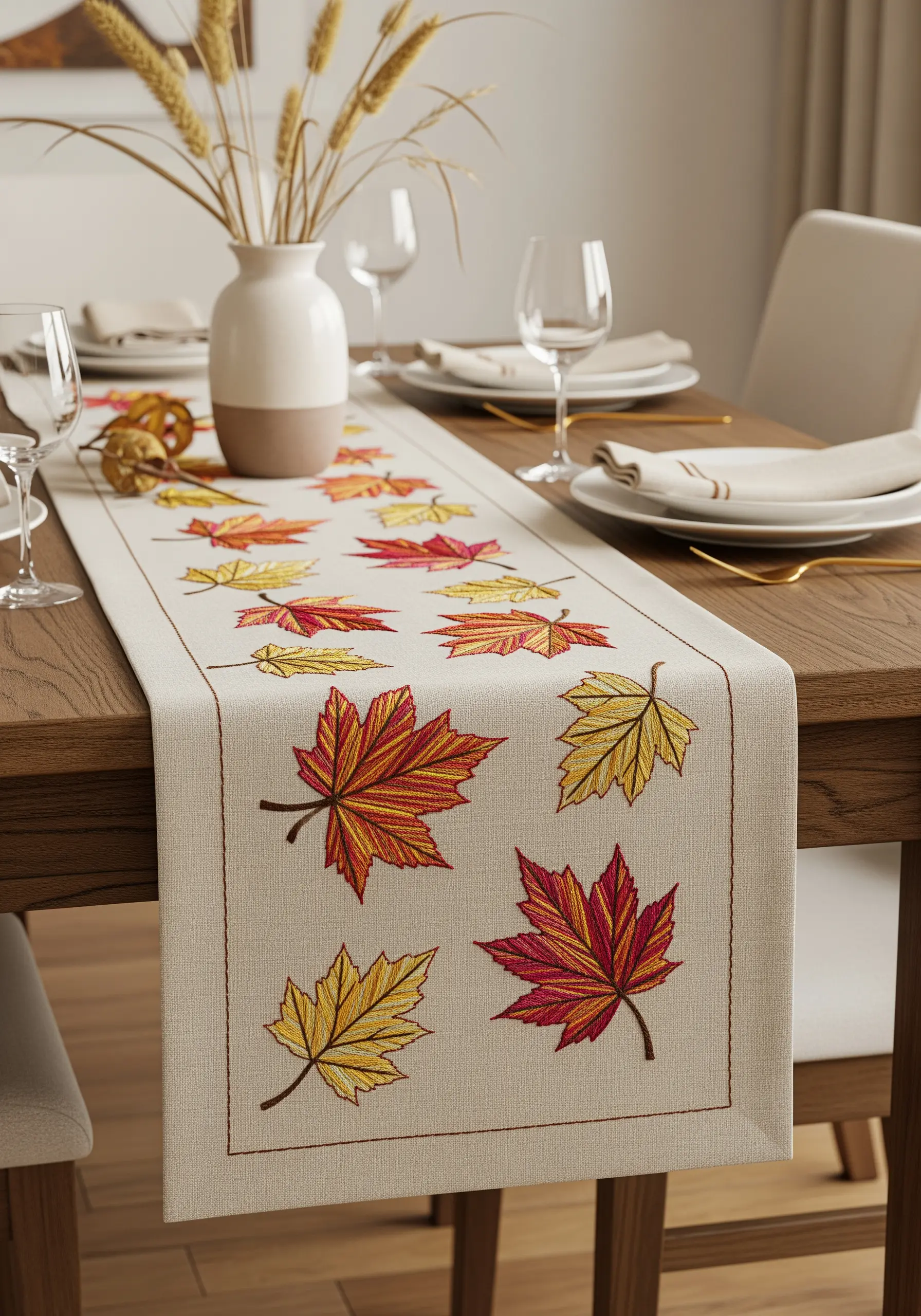 A linen table runner embroidered with autumn leaves in red, orange, and yellow gradients.