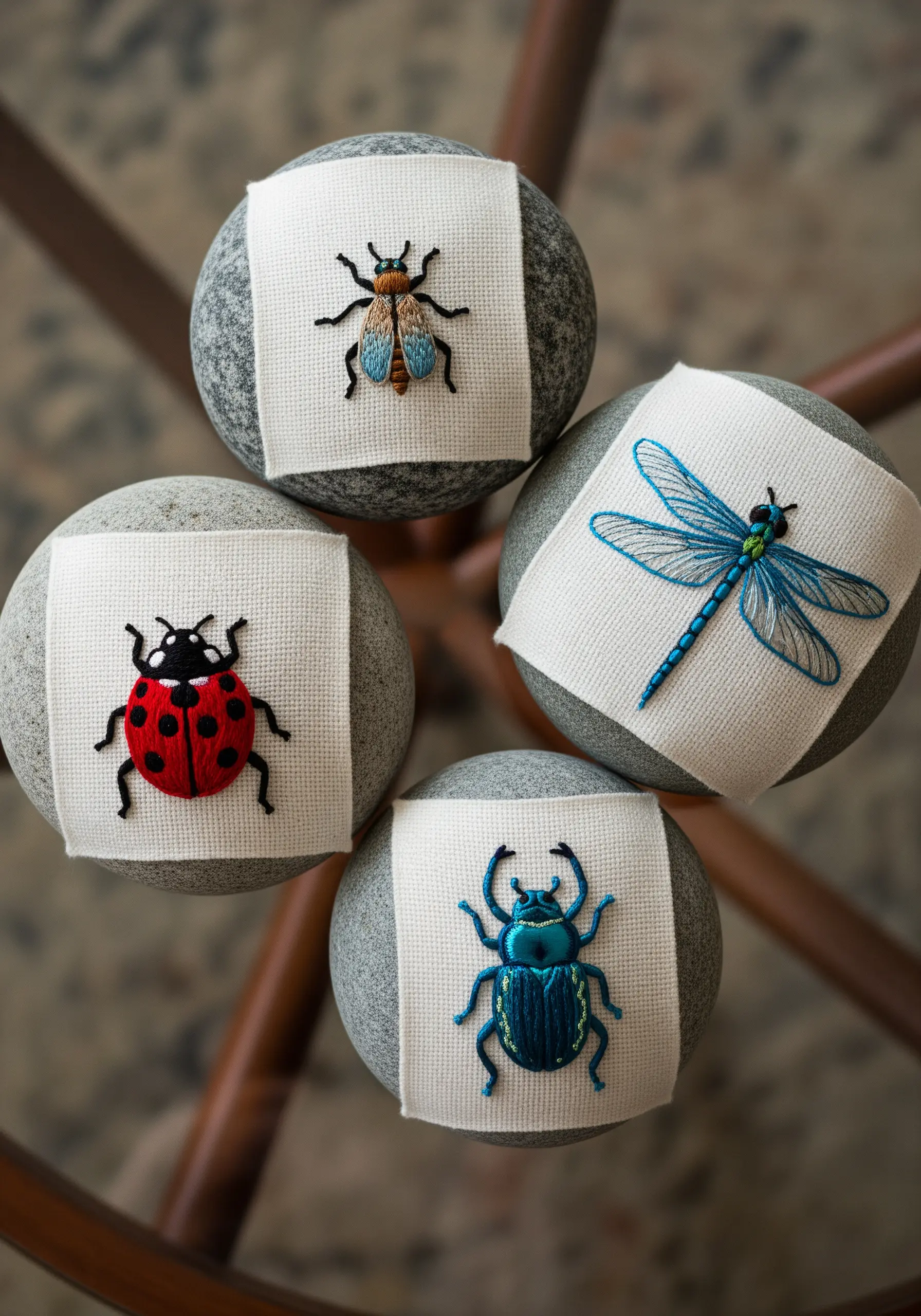 Four small embroidered insects—a beetle, ladybug, dragonfly, and fly—displayed on stone spheres.
