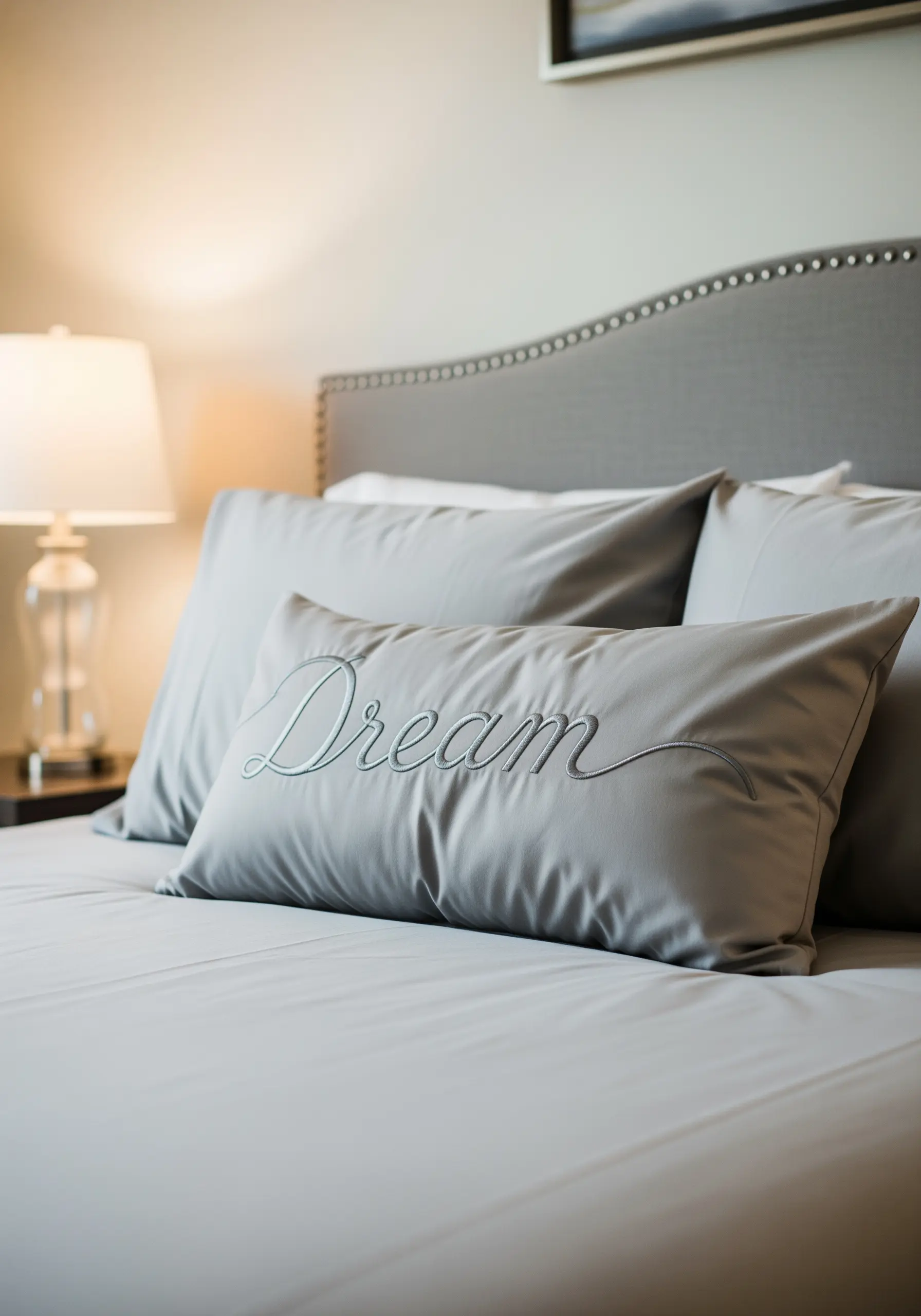 The word 'Dream' embroidered in elegant, raised satin stitch on a gray pillow.