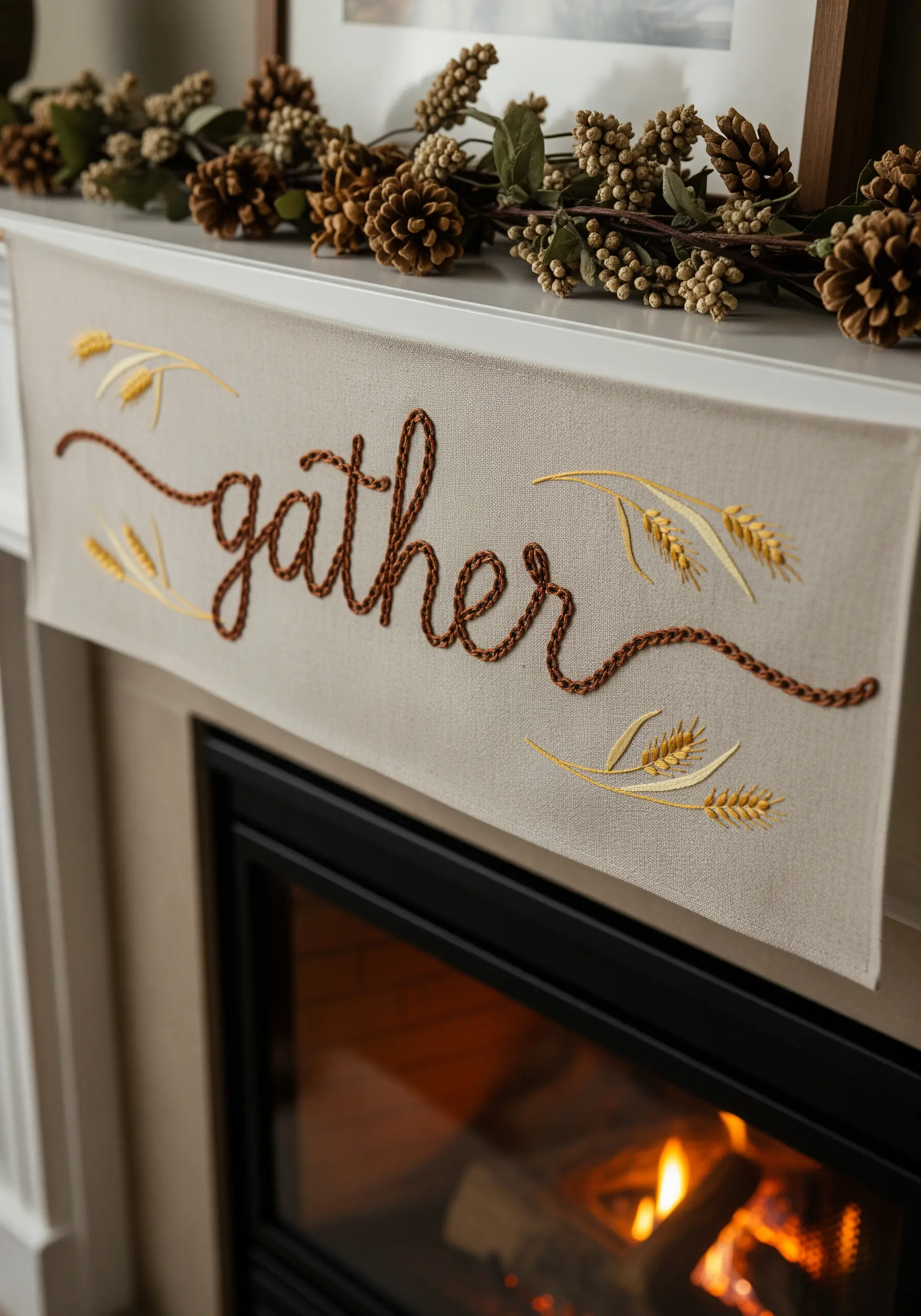 A mantel banner with the word 'gather' stitched in a thick, rope-like chain stitch.