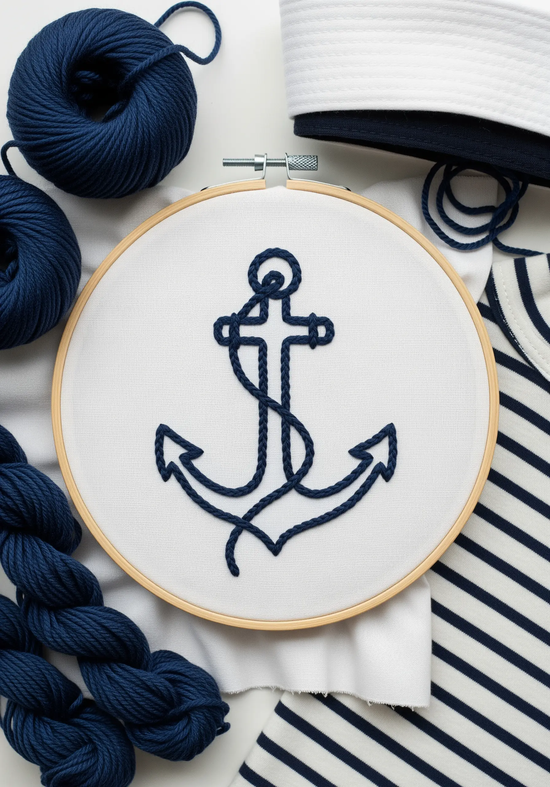 A minimalist navy blue anchor embroidered in a hoop, surrounded by nautical-themed fabric.
