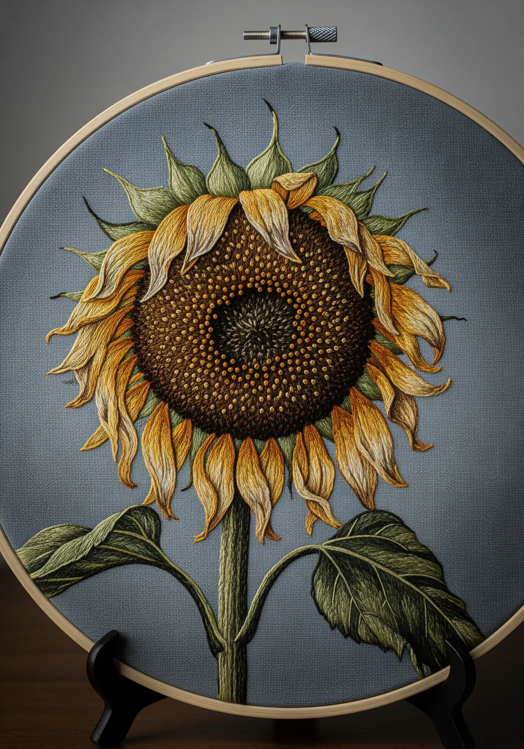 A detailed thread-painted sunflower with wilting, curled petals on gray-blue fabric.