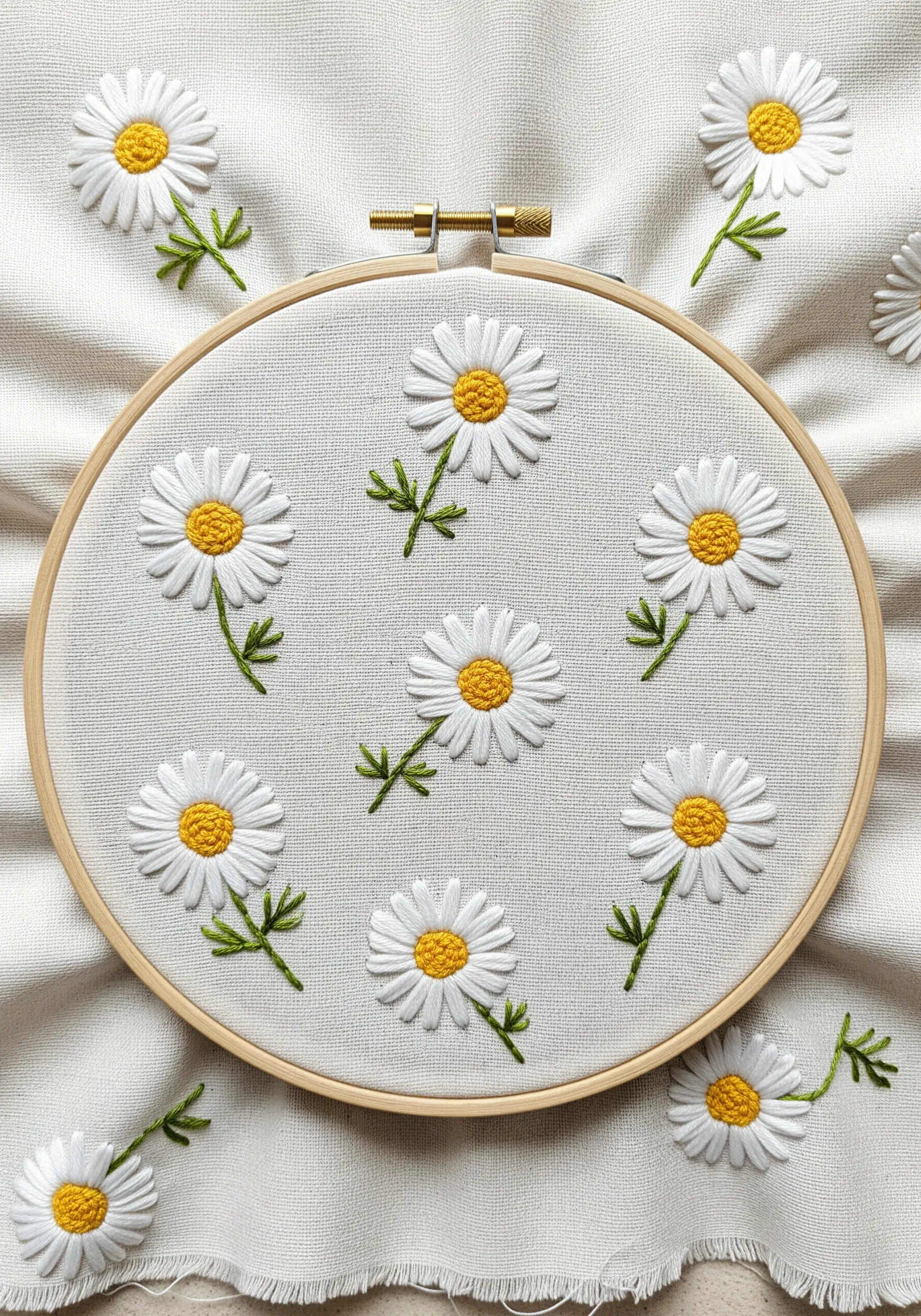 A hoop filled with scattered daisies featuring raised, padded satin stitch petals.