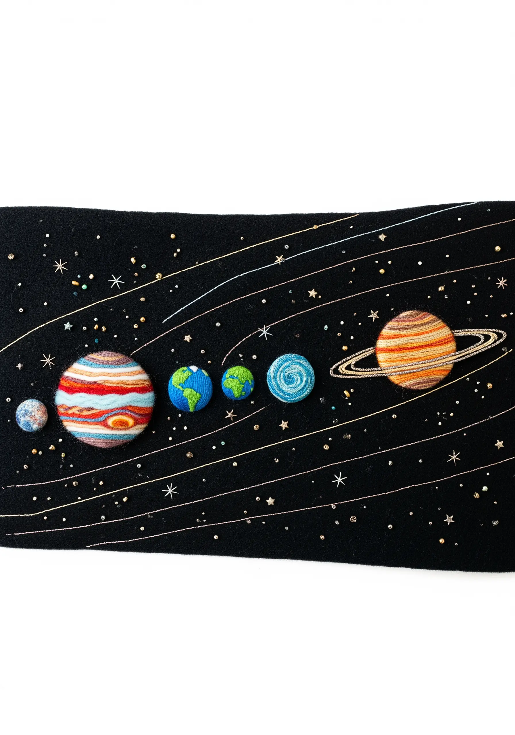 An embroidered solar system with 3D padded appliqué planets on a black felt background.