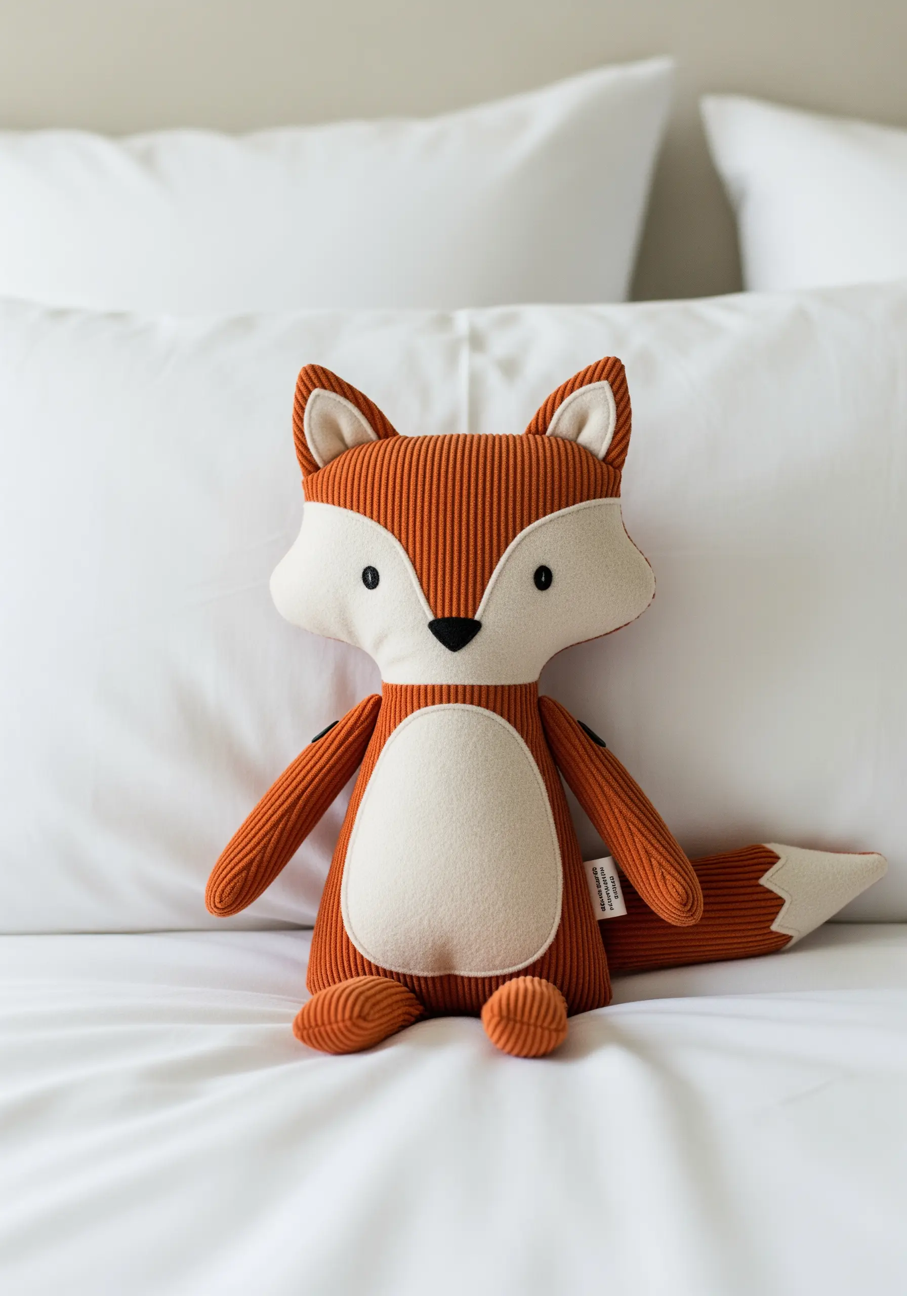 A handmade stuffed fox toy made from orange corduroy and off-white cotton.