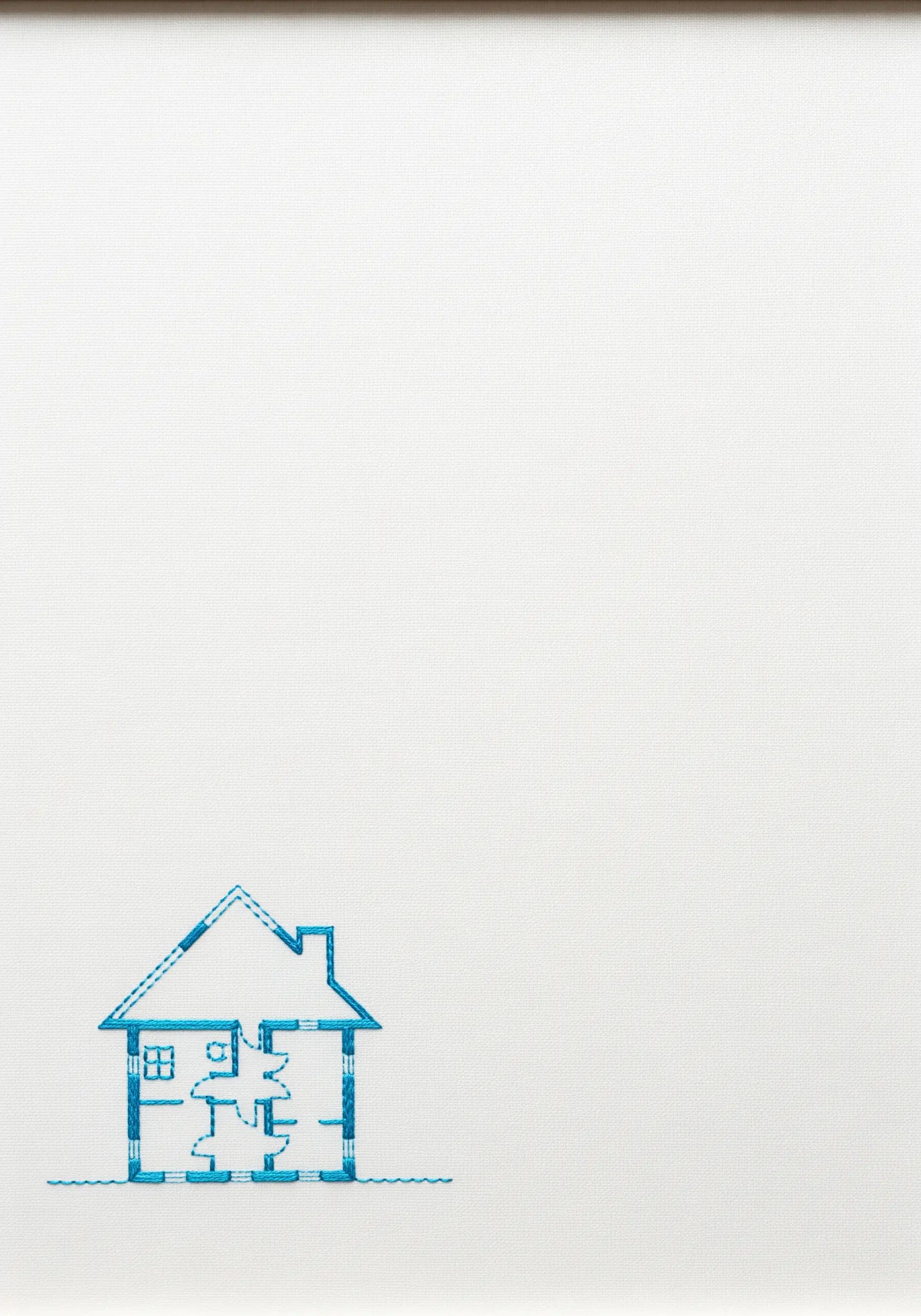 A tiny, blue-stitched house floorplan in the bottom corner of a large white canvas.