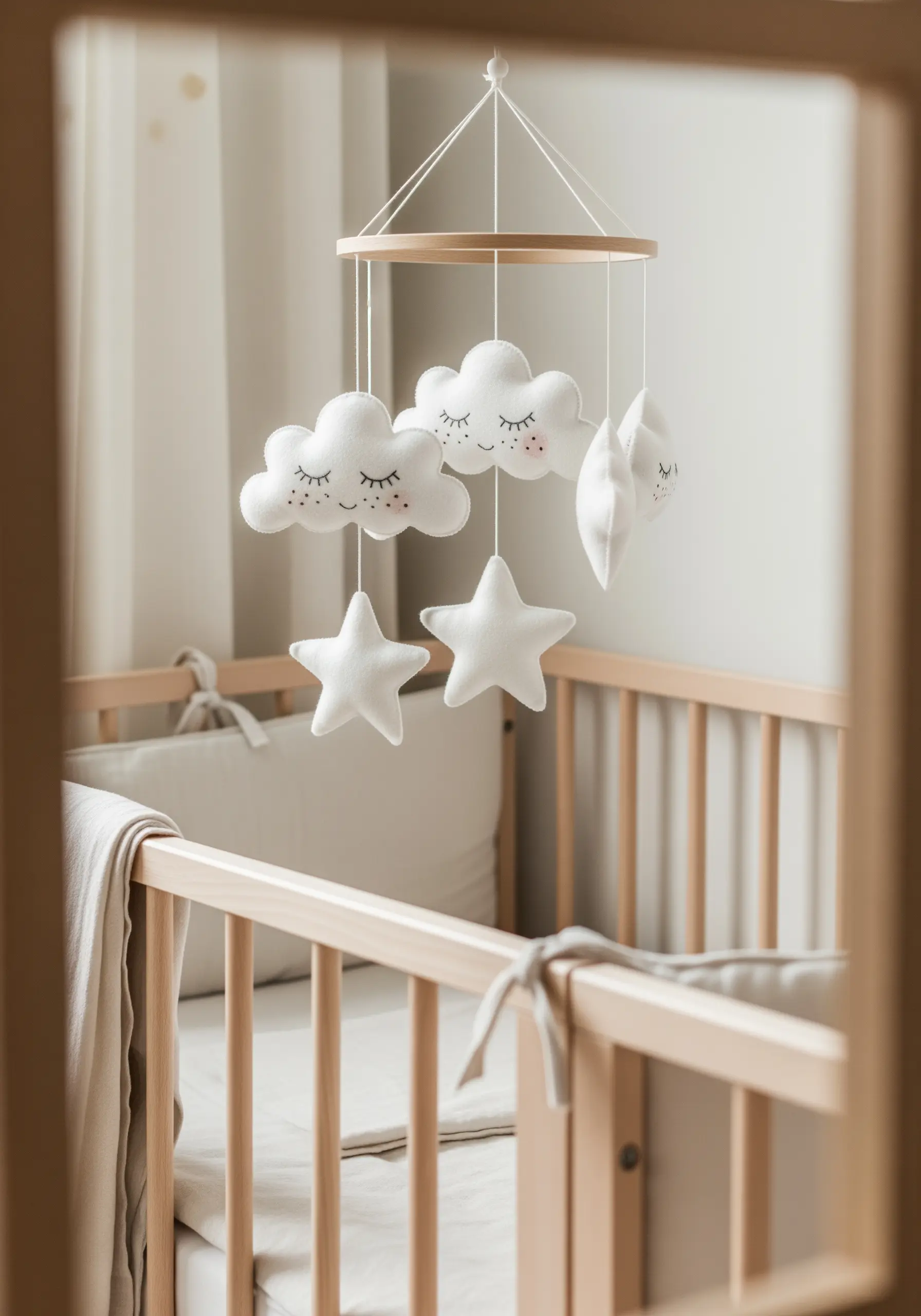 A baby mobile made of soft felt clouds and stars with simple embroidered faces
