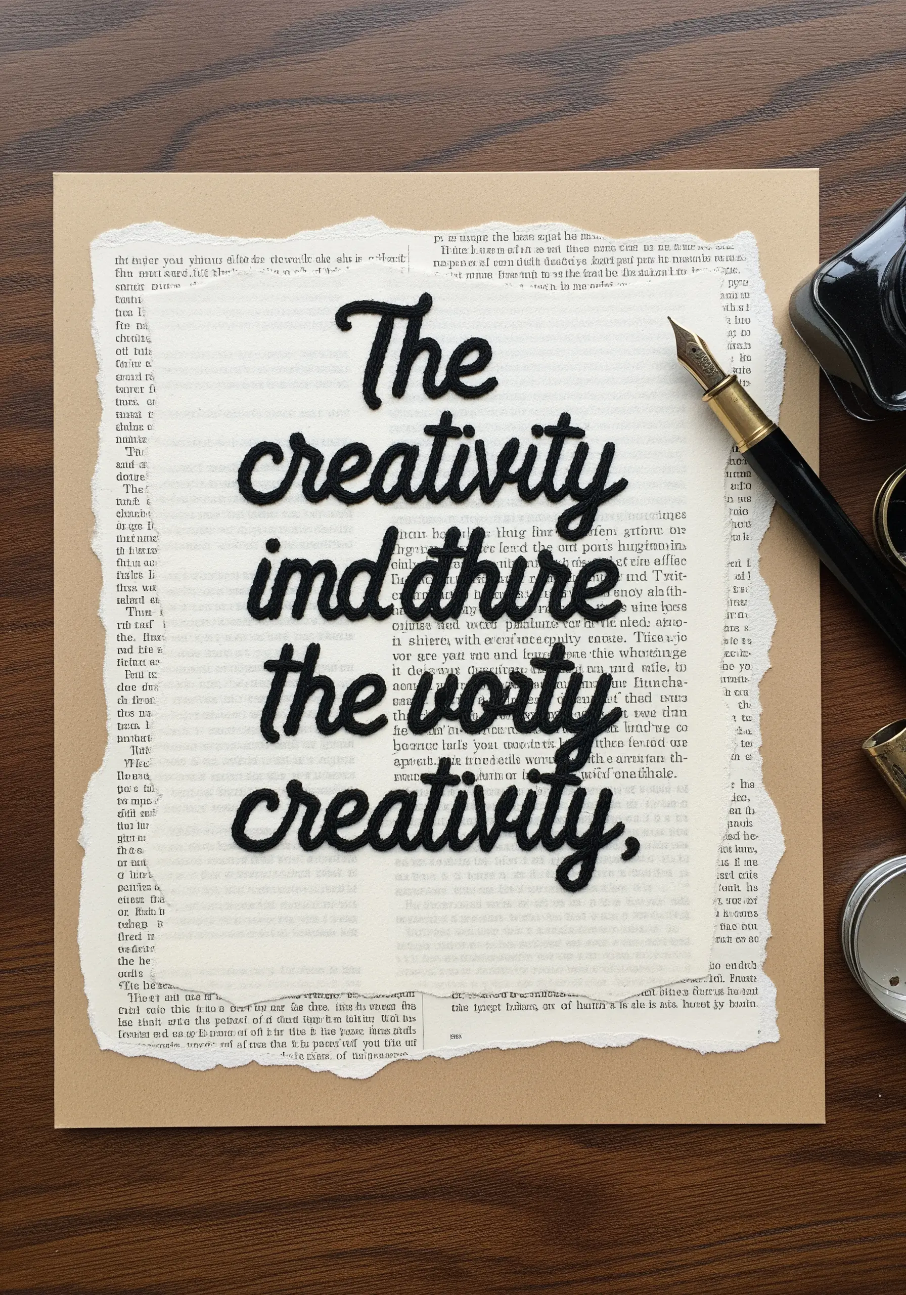 The word 'creativity' embroidered in thick black thread on a page of book text.