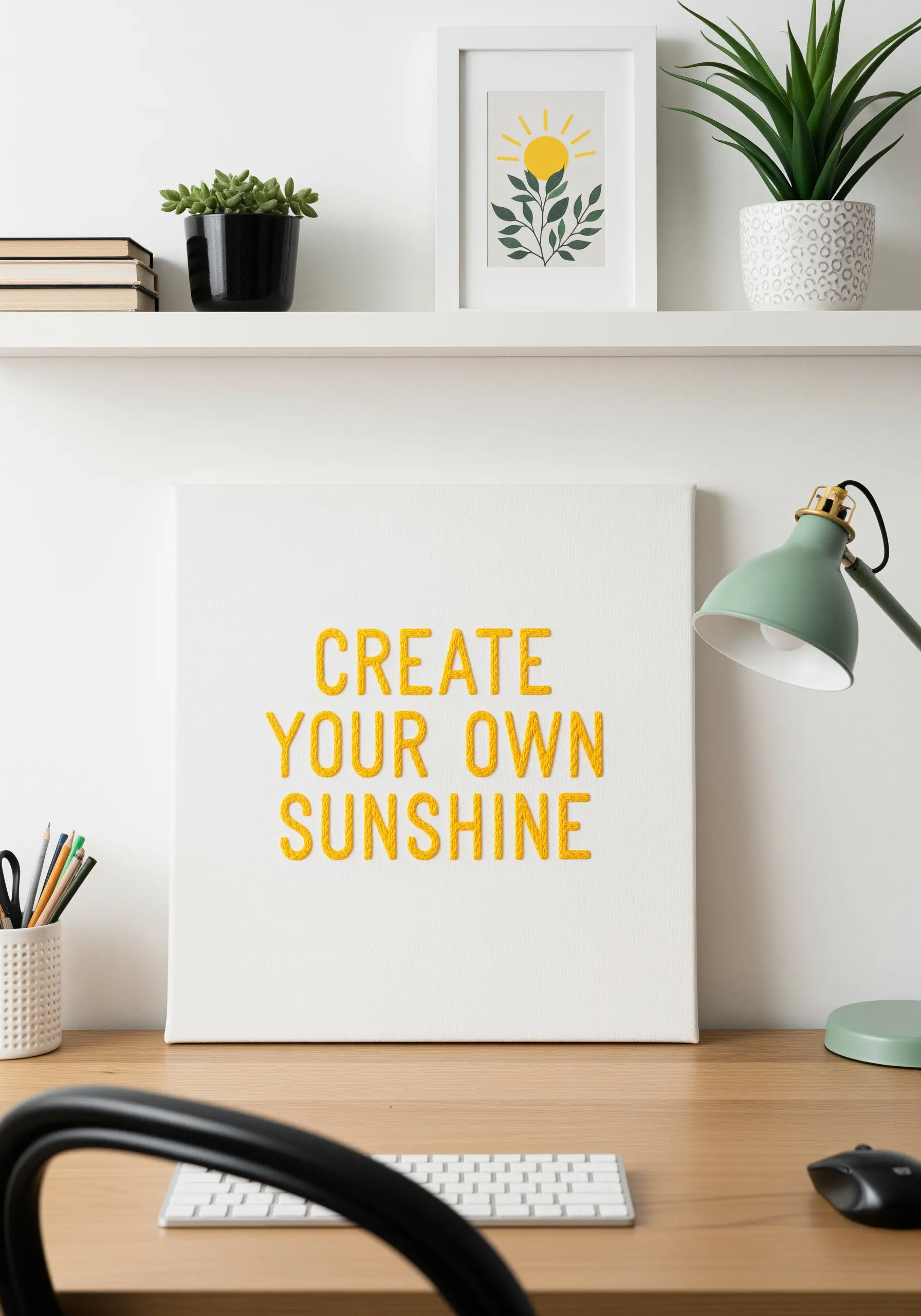 A white canvas with the quote 'Create Your Own Sunshine' in textured yellow embroidery.