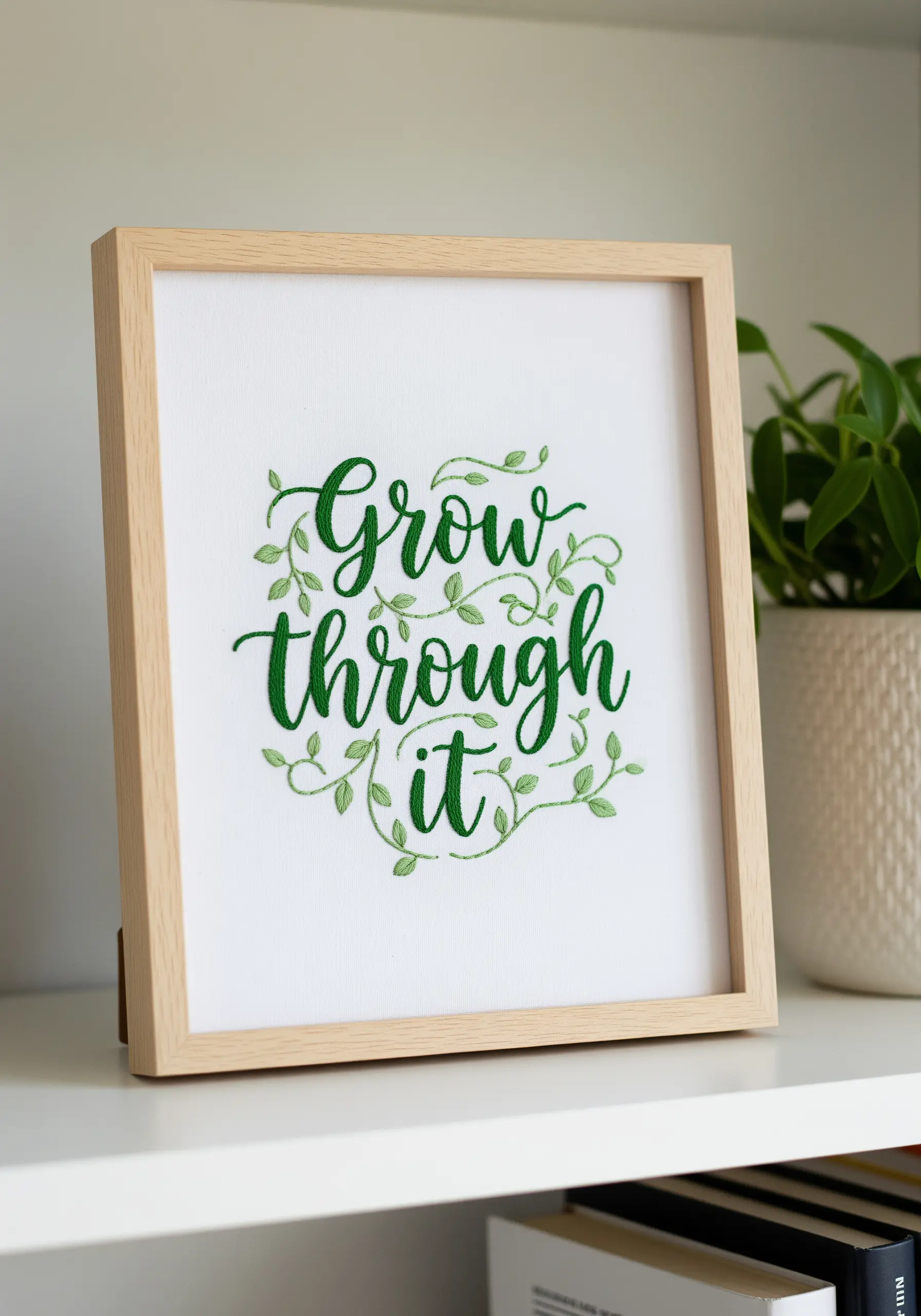Framed embroidery of the quote 'Grow through it' with green lettering and intertwined vines